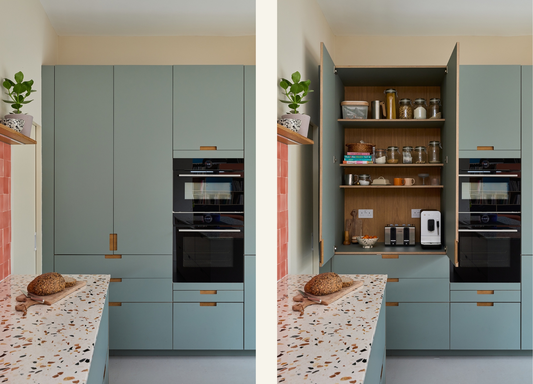 Plykea Fenix Verde Kitami plywood pantry and kitchen fronts with terrazzo worktop