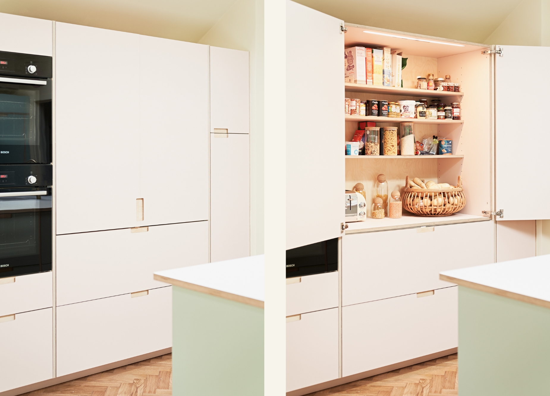 Plykea Arpa Bloom Rosa Bourbon plywood pantry and kitchen fronts