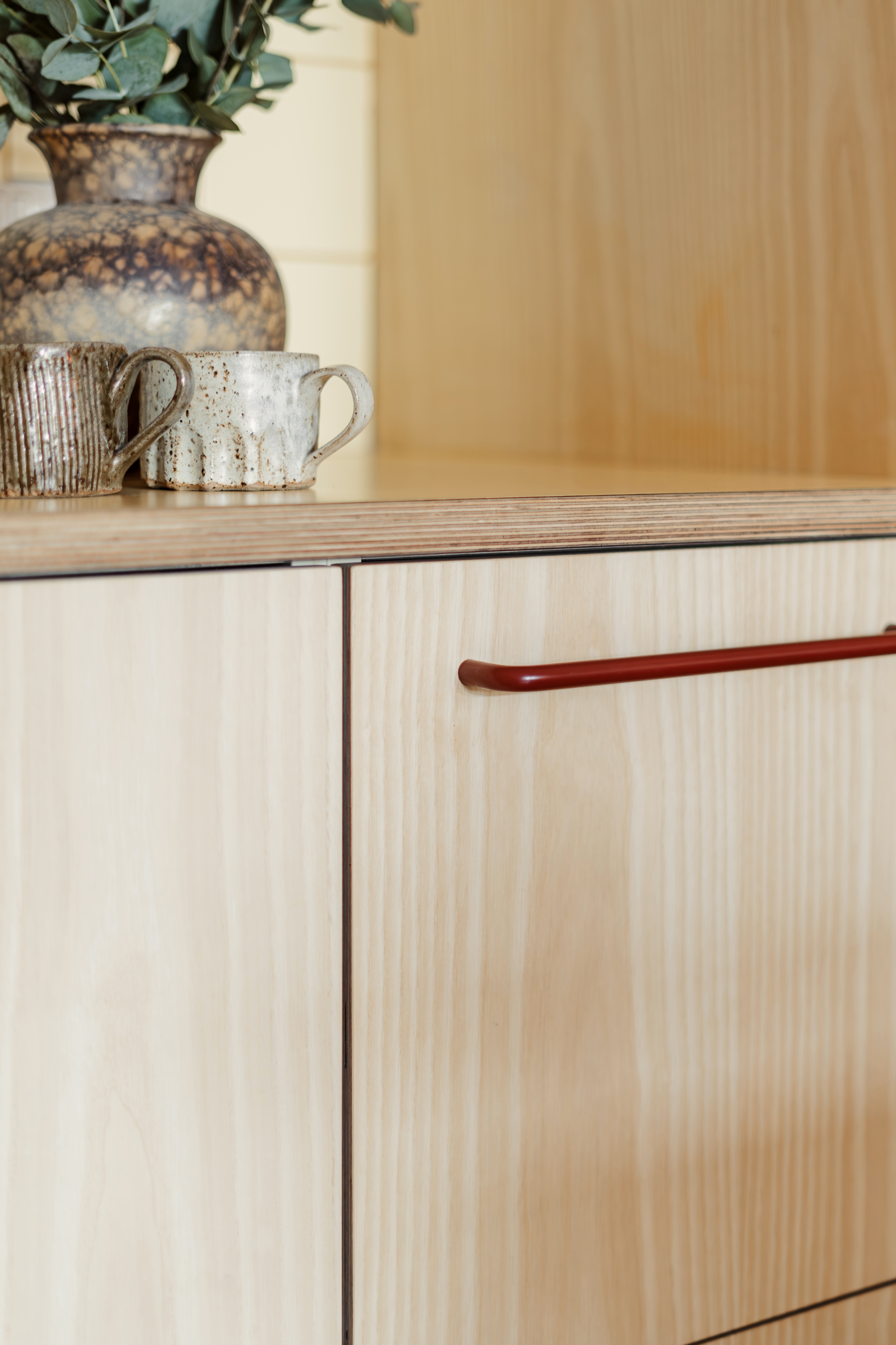 Plykea ash veneered birch plywood fronts with Swarf handles and Formica Tenere worktop