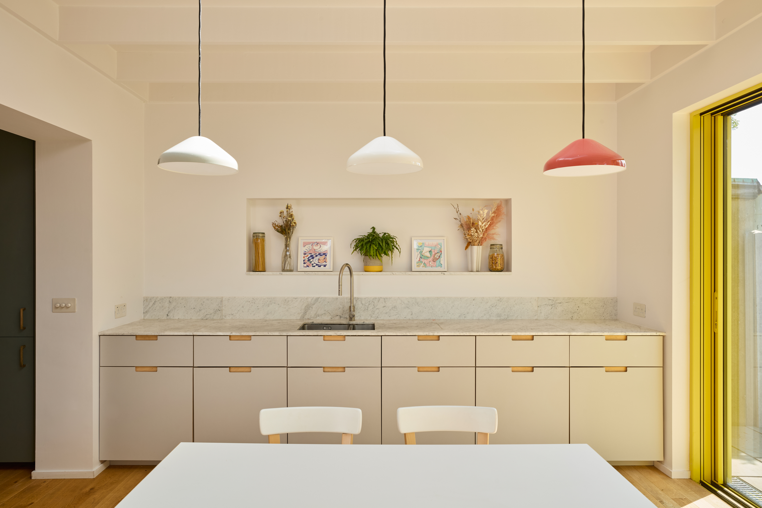 Plykea Fenix Grigio Efeso and Formica Chrome yellow plywood kitchen