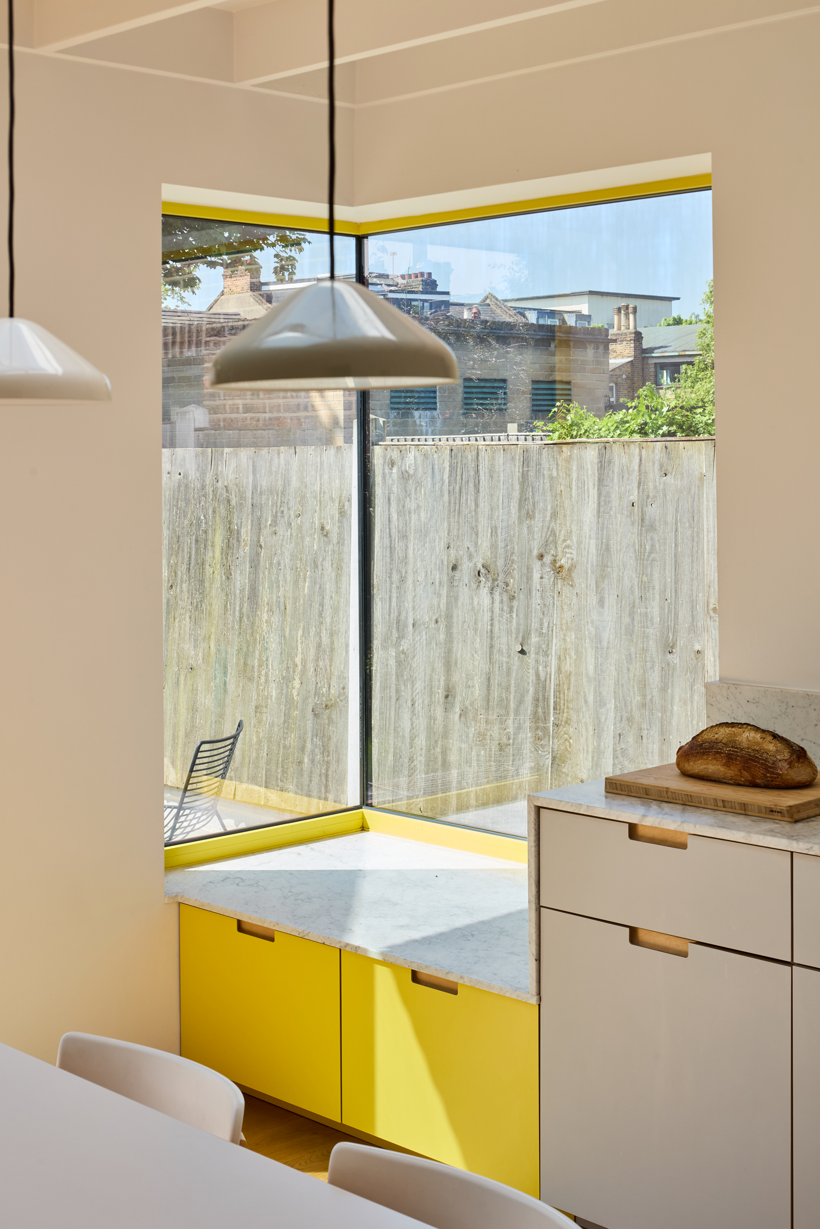 Plykea Fenix Grigio Efeso and Formica Chrome yellow plywood kitchen