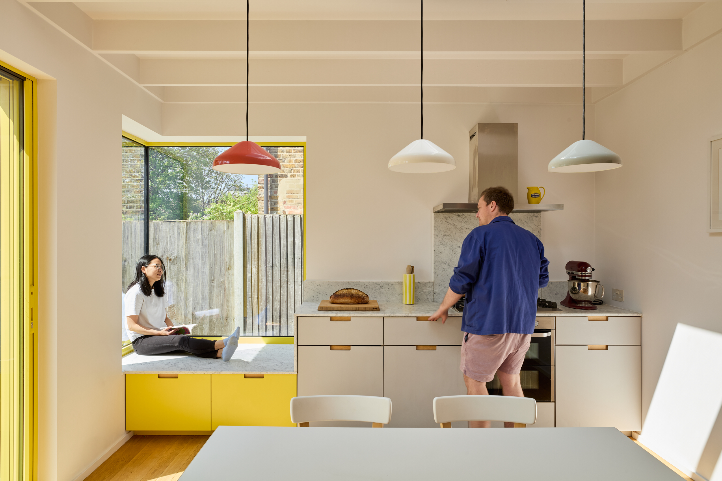 Plykea Fenix Grigio Efeso and Formica Chrome yellow plywood kitchen