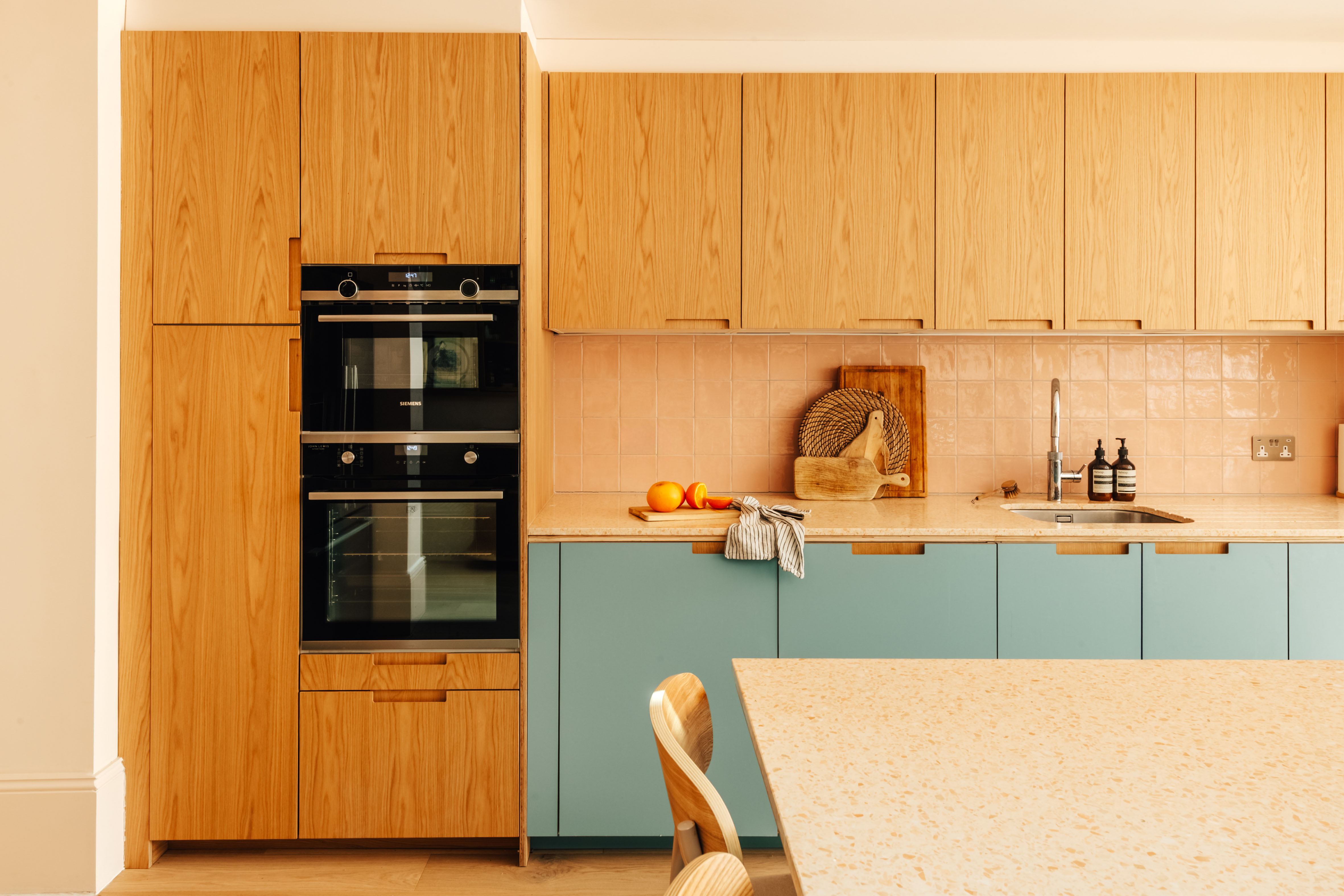 Plykea Formica Dusty Jade and Oak Faced Birch Plywood Kitchen