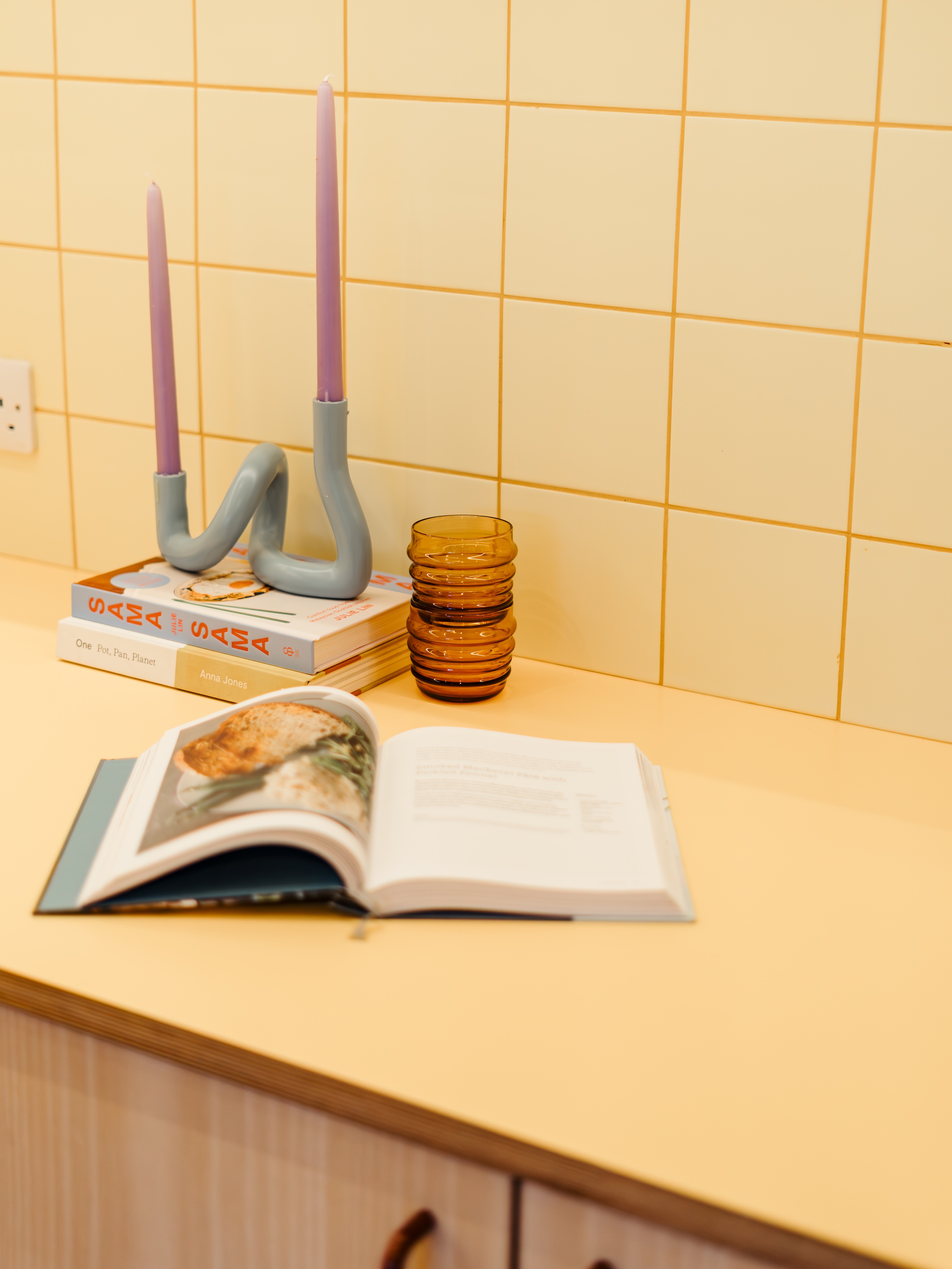 Plykea ash veneered plywood kitchen with yellow Formica Tenere worktop and yellow tiles