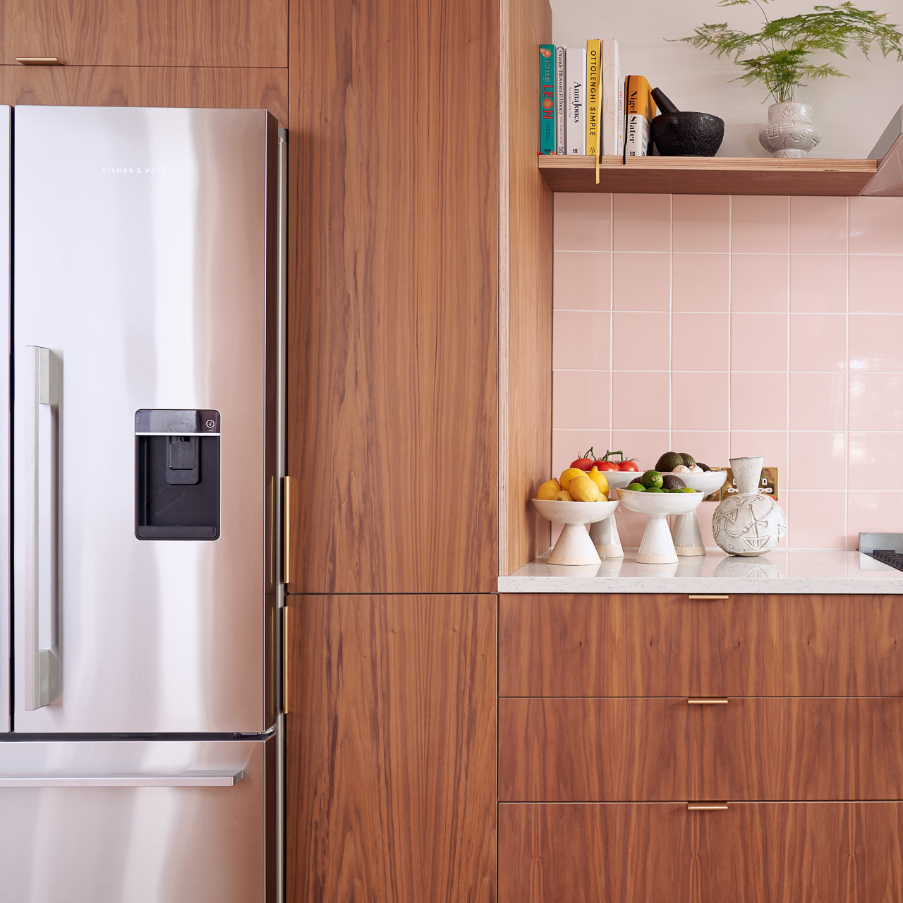 Hunter Green Formica, Walnut ply and brass edge pulls in our Forest Drive kitchen
