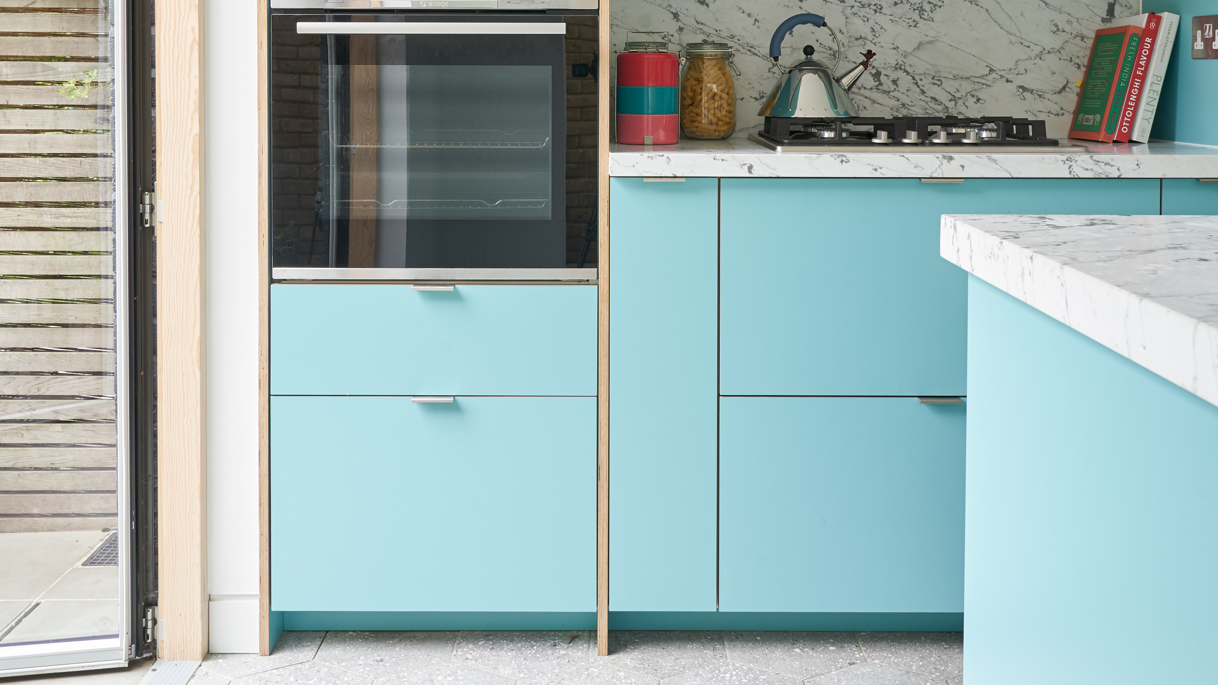 Plykea Formica Maui fronts with satin nickel edge pull handles