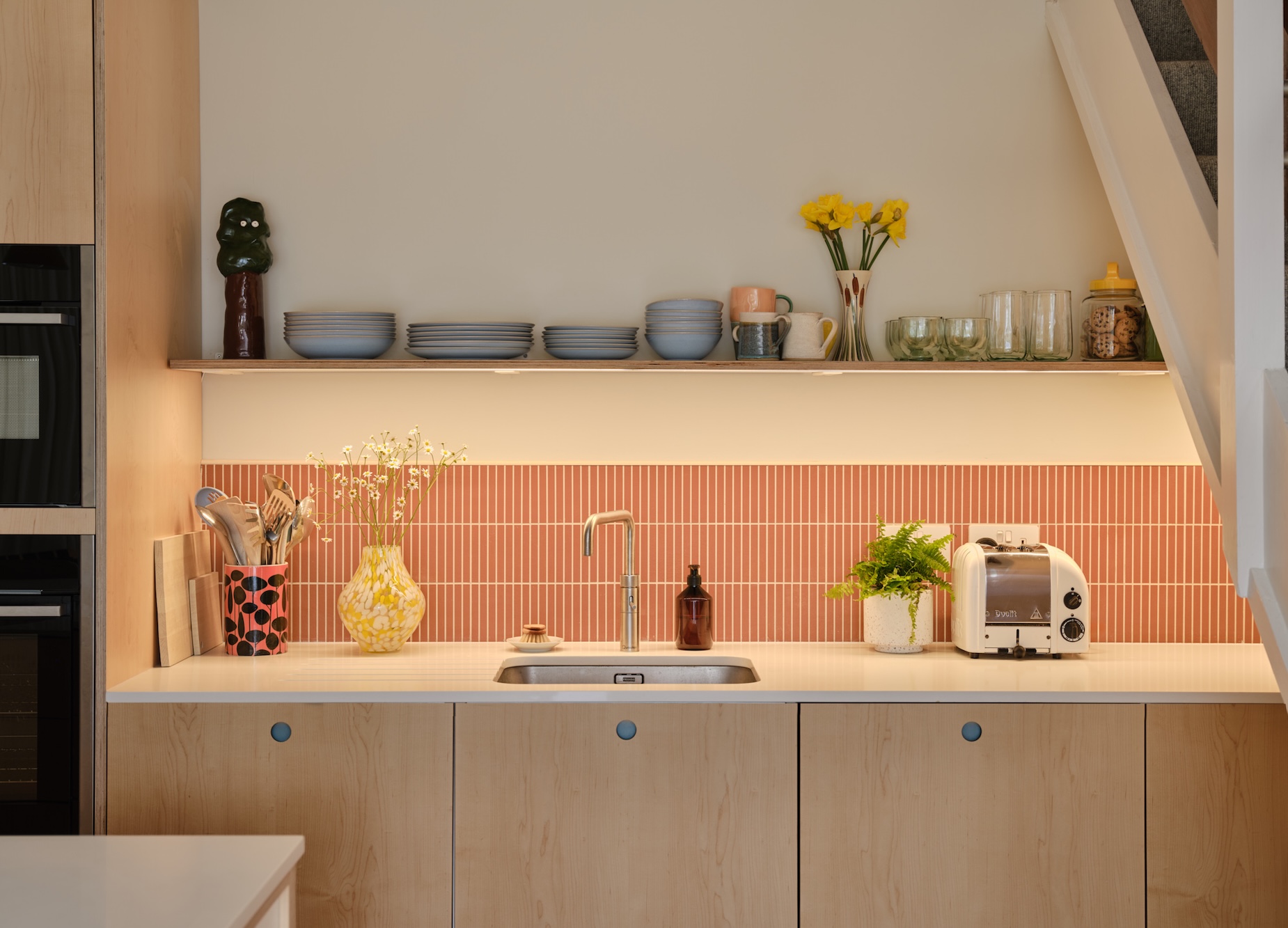 Plykea maple-veneered birch plywood with circle handles + blue Formica inserts