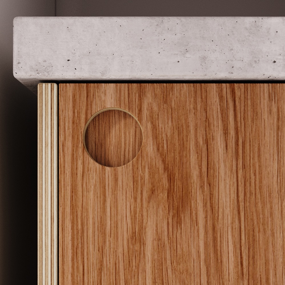 Large semi recessed circular handle backed in oak by Plykea