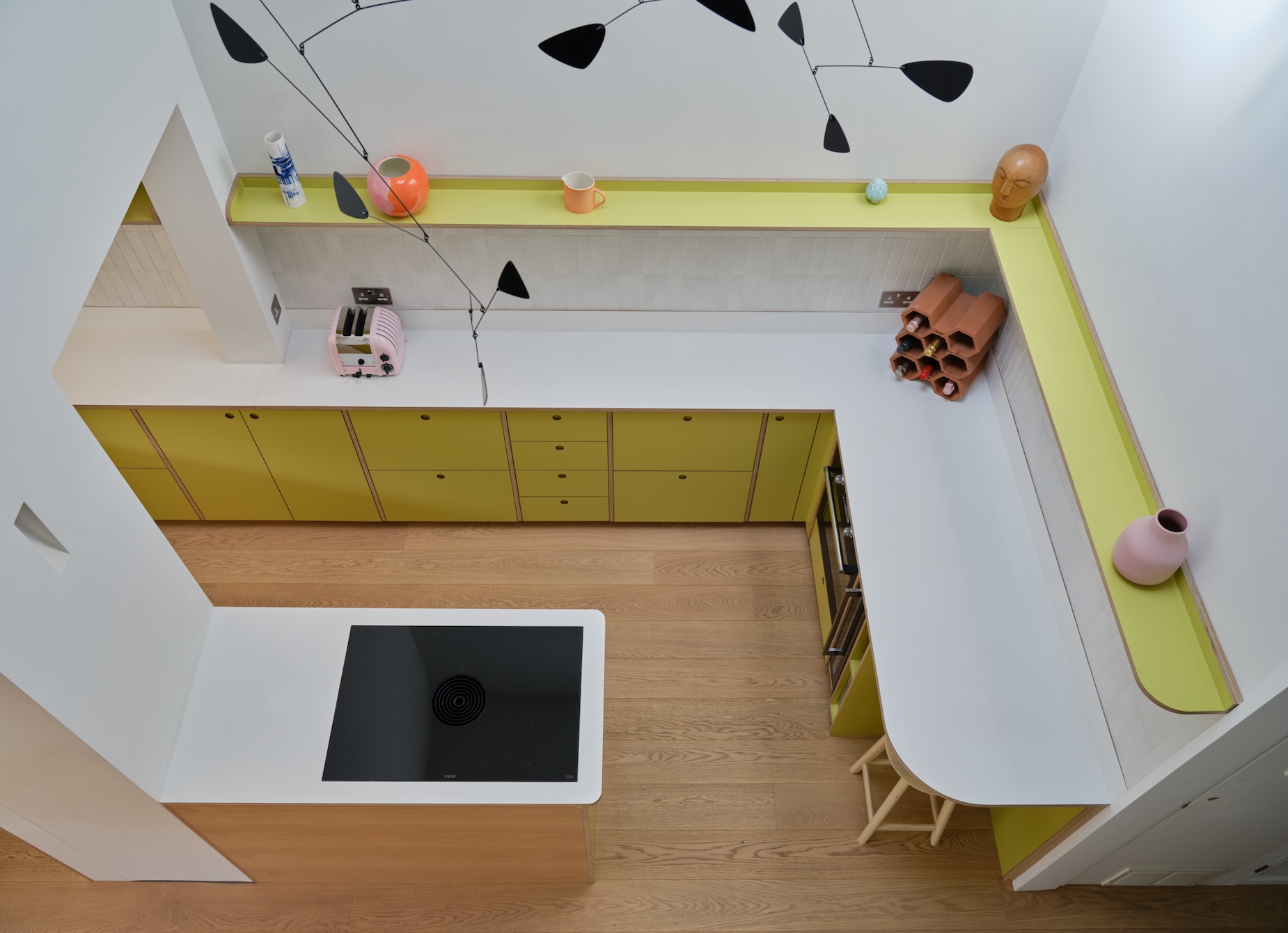 Plykea oak + Formica Wasabi + Arpa Bloom Verde Celadon birch plywood kitchen + white Fenix Bianco Kos birch plywood worktop
