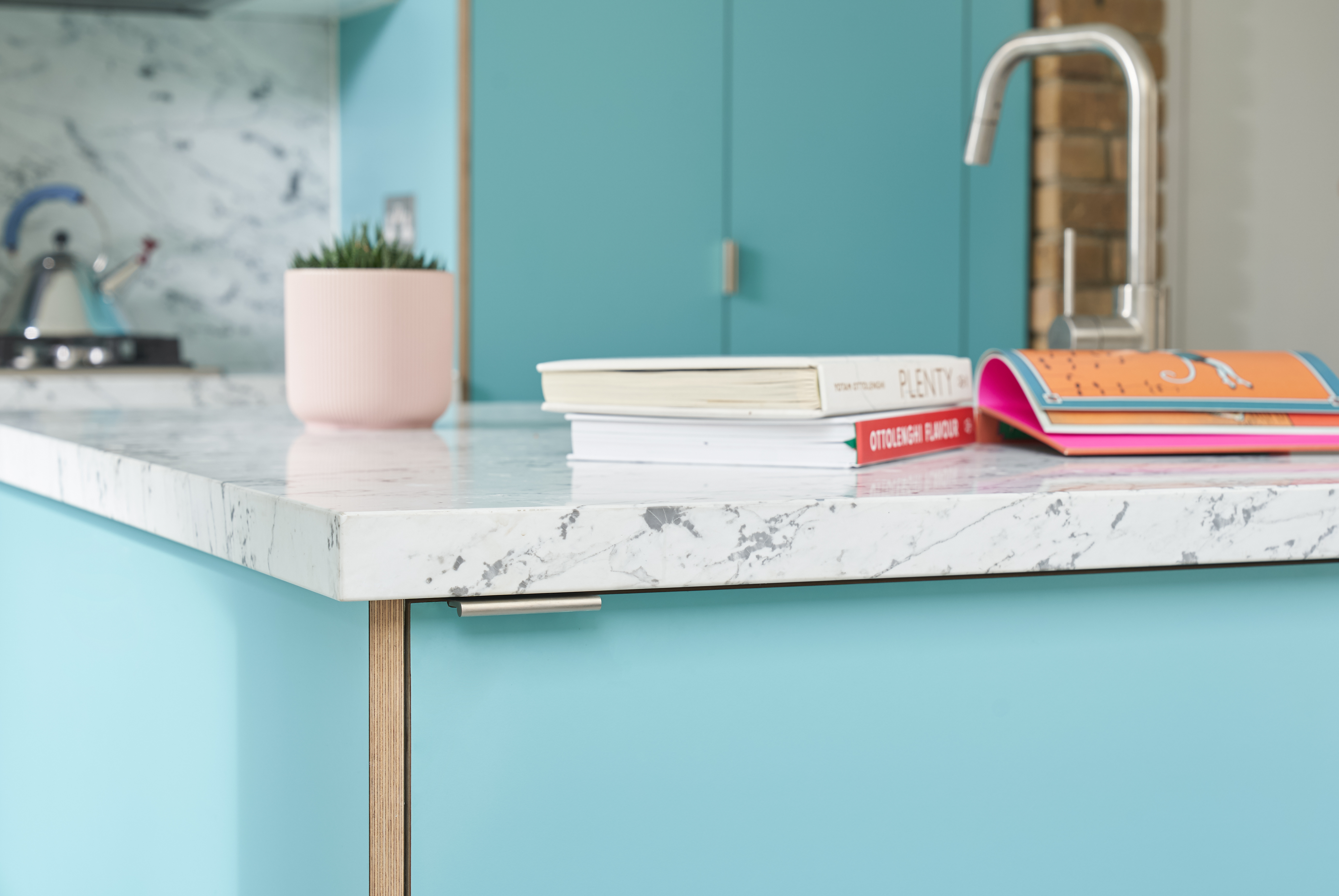 Plykea Formica Maui fronts with satin nickel edge pull handles