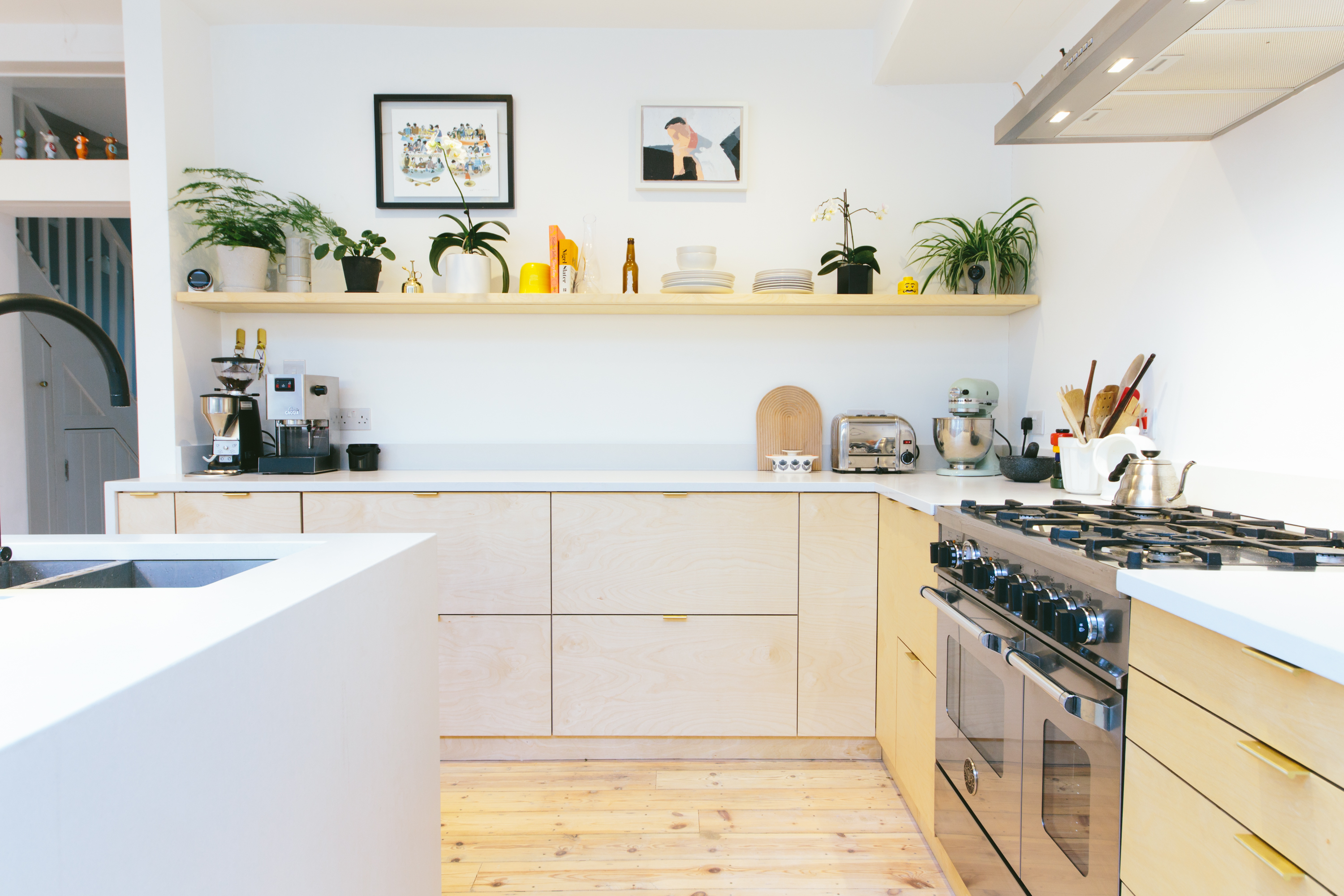 Birch plywood fronts and brass edge pull handles in our Hurst Road kitchen