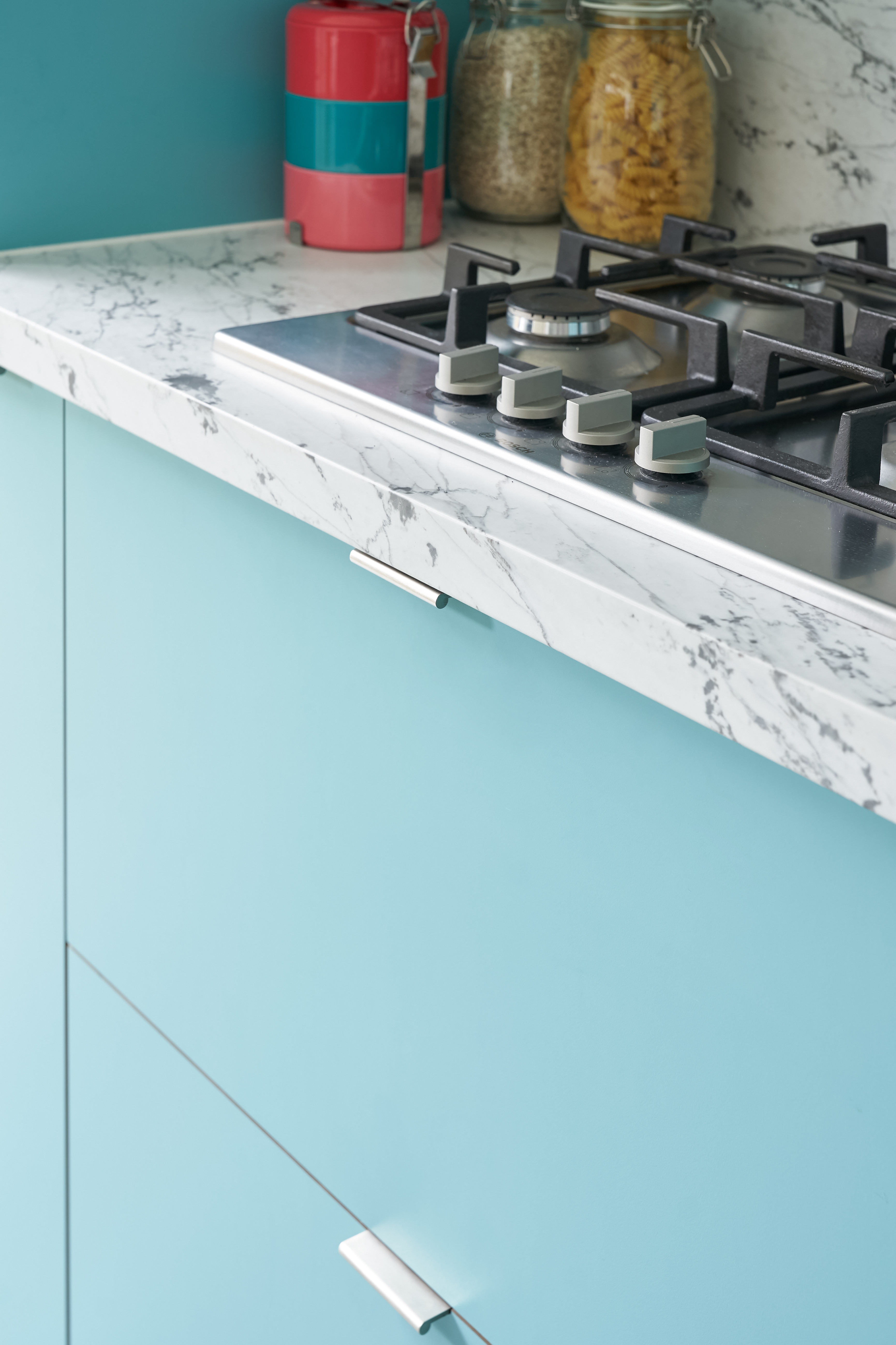 Plykea Formica Maui fronts with satin nickel edge pull handles