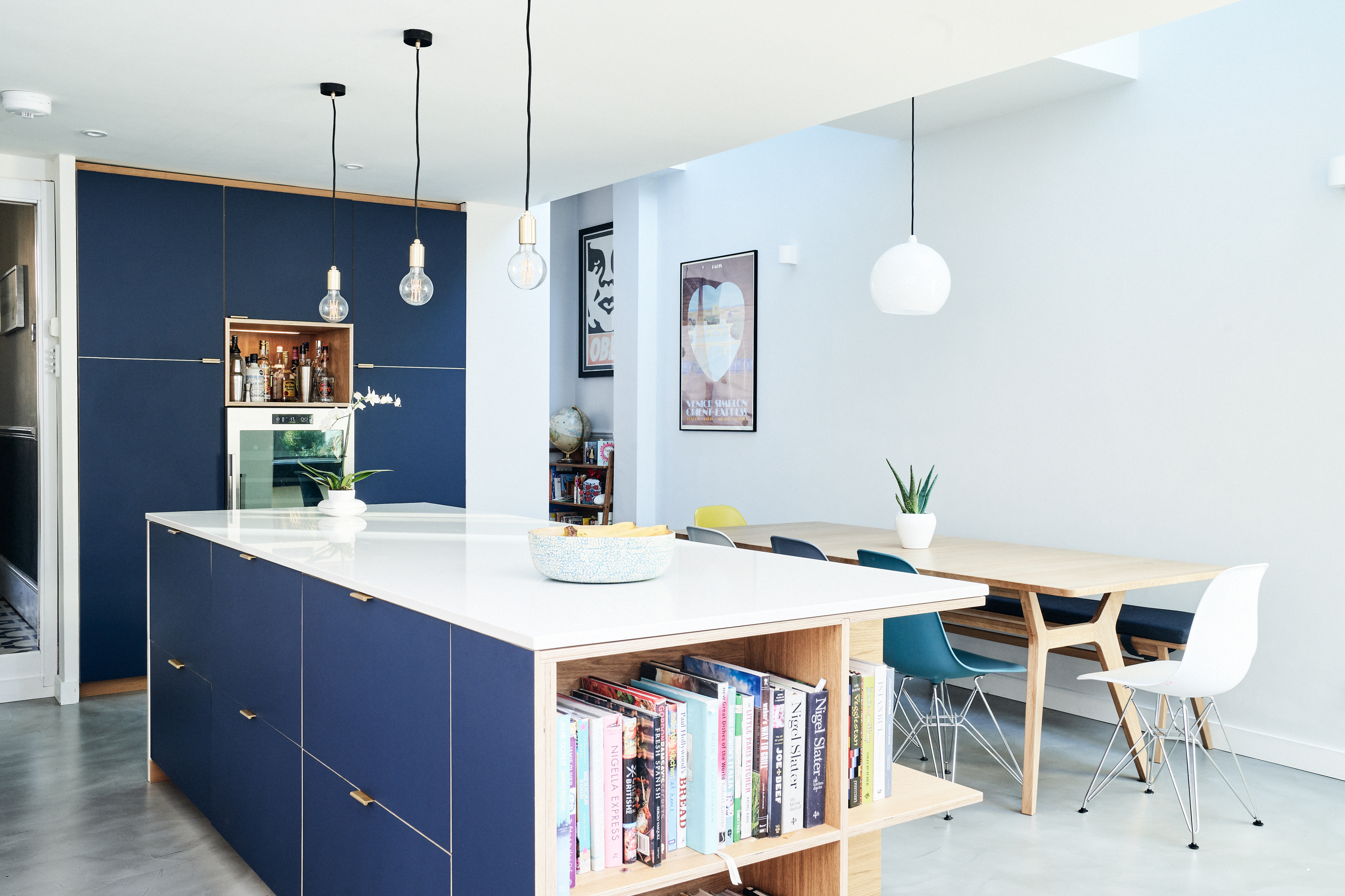 Blu Fez Fenix and Oak are combined with brass edge pull handles in our Ondine Road kitchen