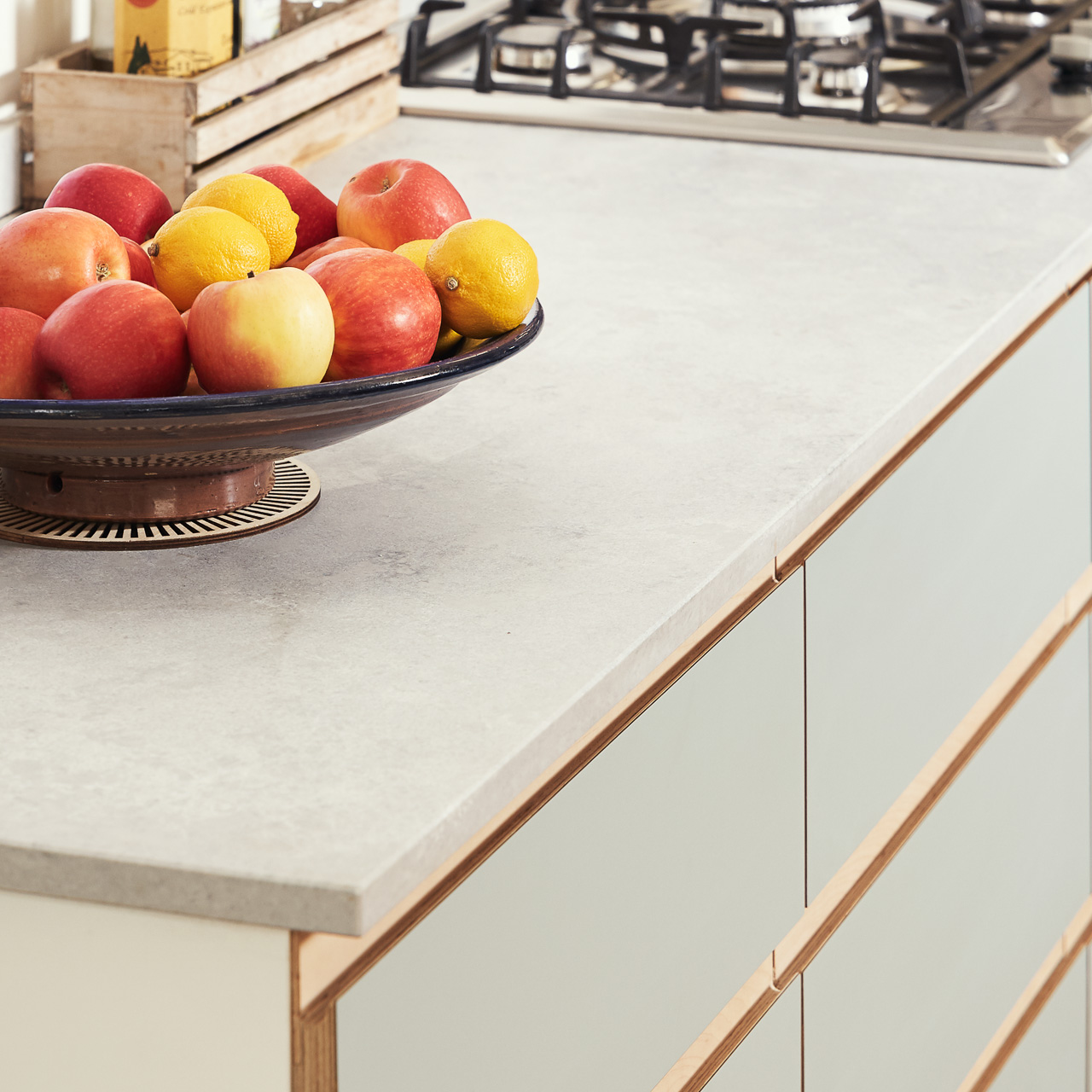 Formica Fossil fronts and Birch Ply J-Profile handles in our Kempe Road kitchen