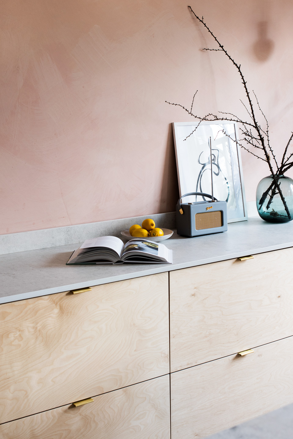 Birch ply and brass edge pull handles in our Narroway kitchen