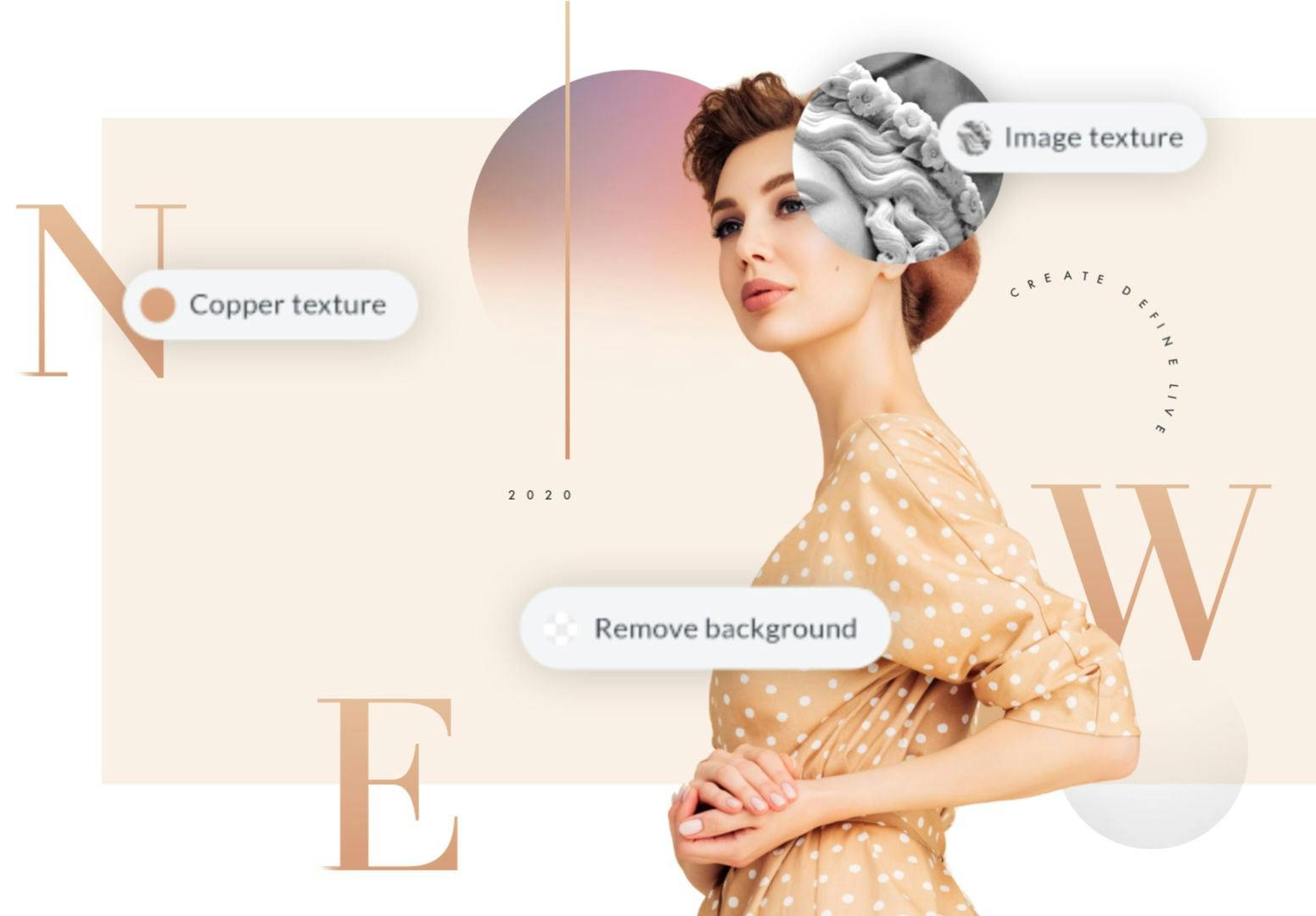 Background removed woman in design with gradient circles and textured text spelling new