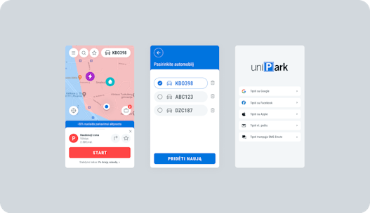3 side by side application screens showing map activity, parking data, and login