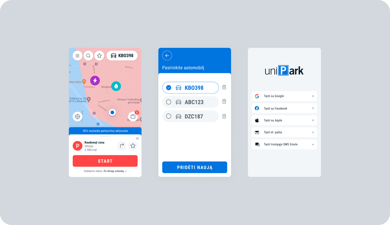 3 side by side application screens showing map activity, parking data, and login