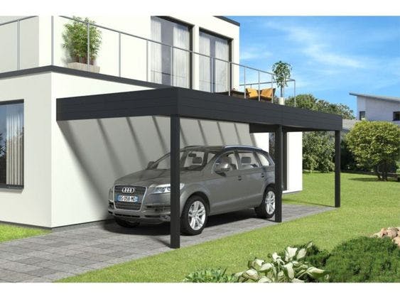 carport en métal avec voiture Audi grise en dessous