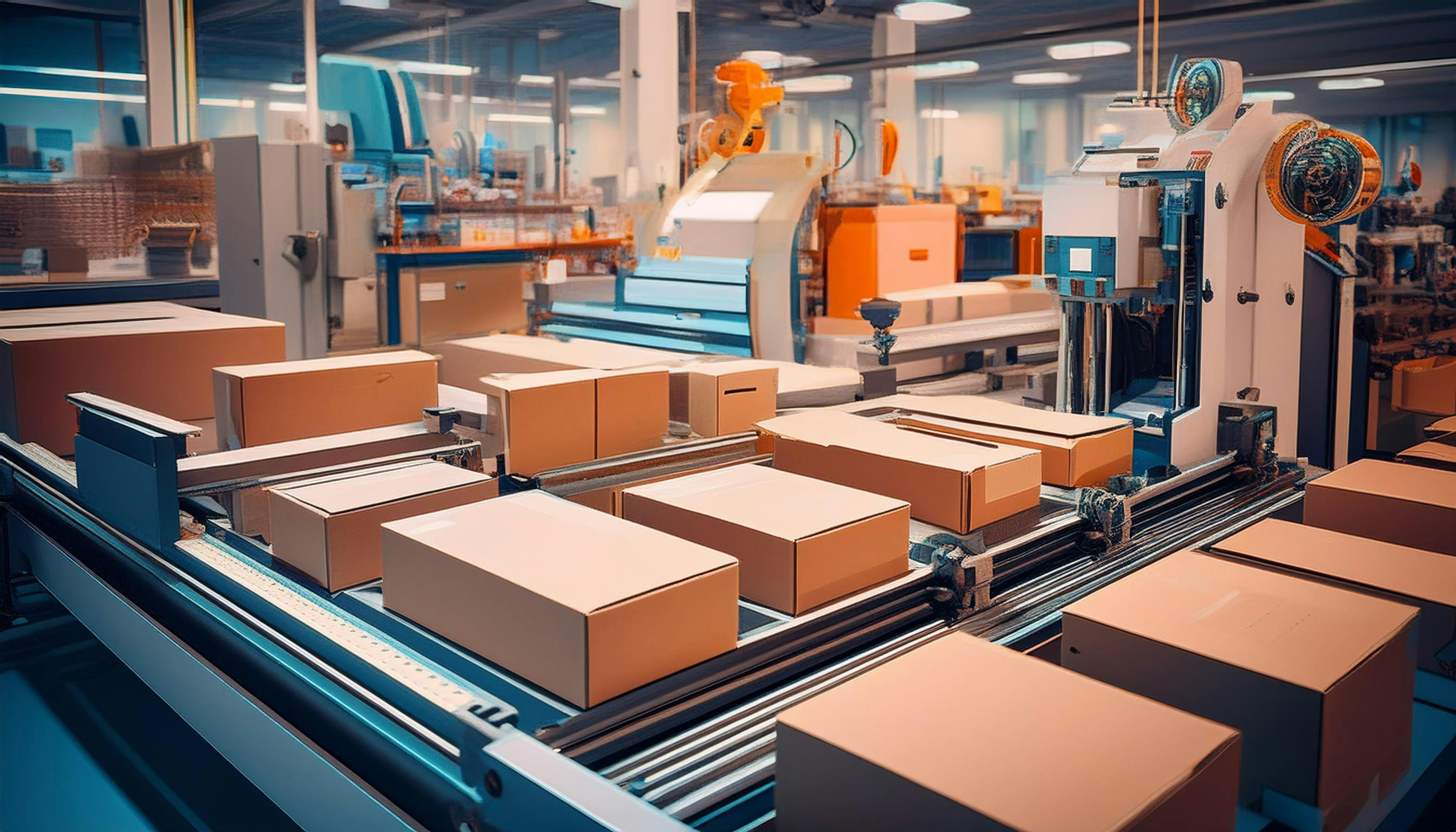 Conveyor belts and packaging machines with carboard boxes queued.