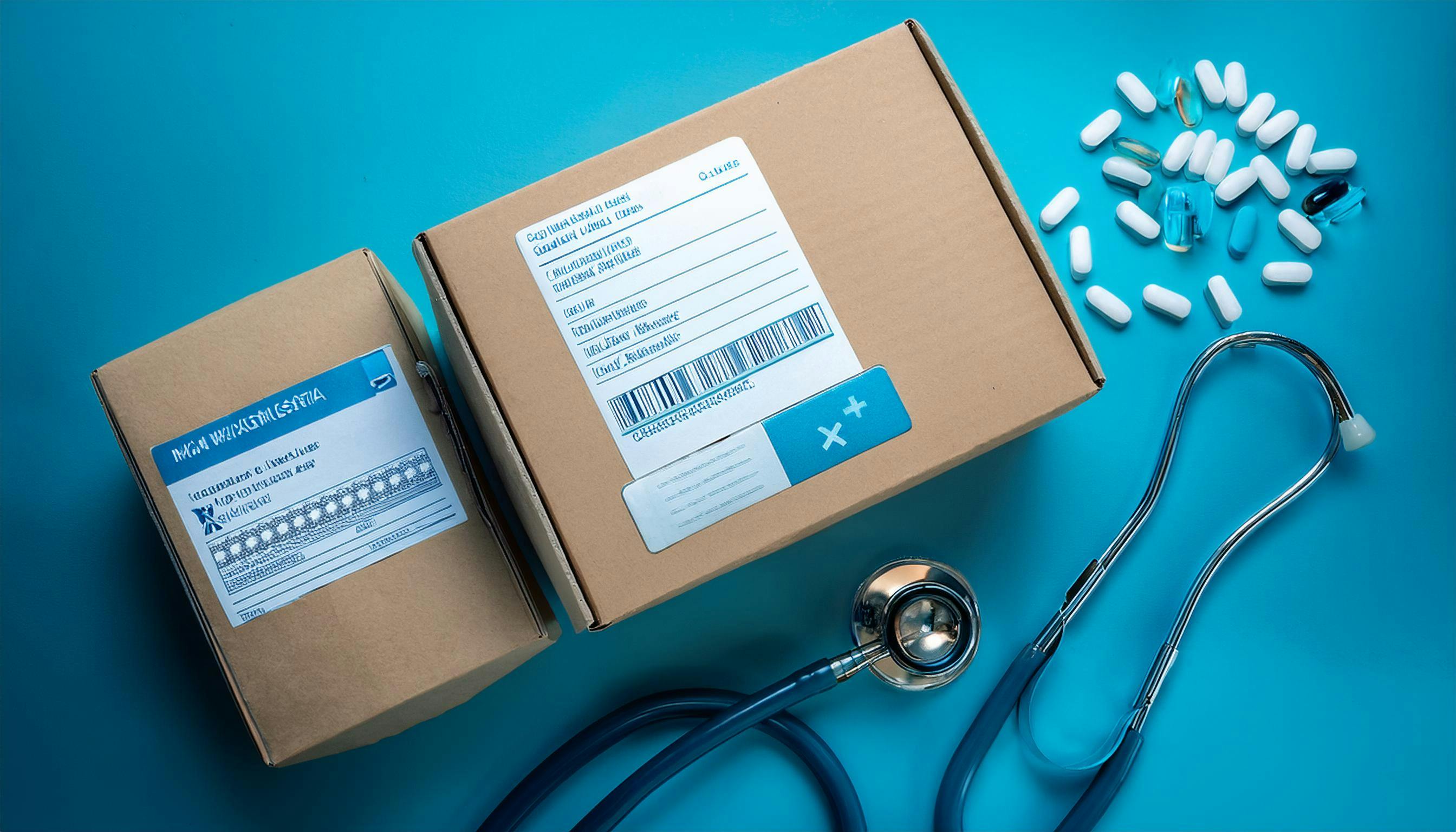 Two boxes on a blue table with pills and a stethoscope.