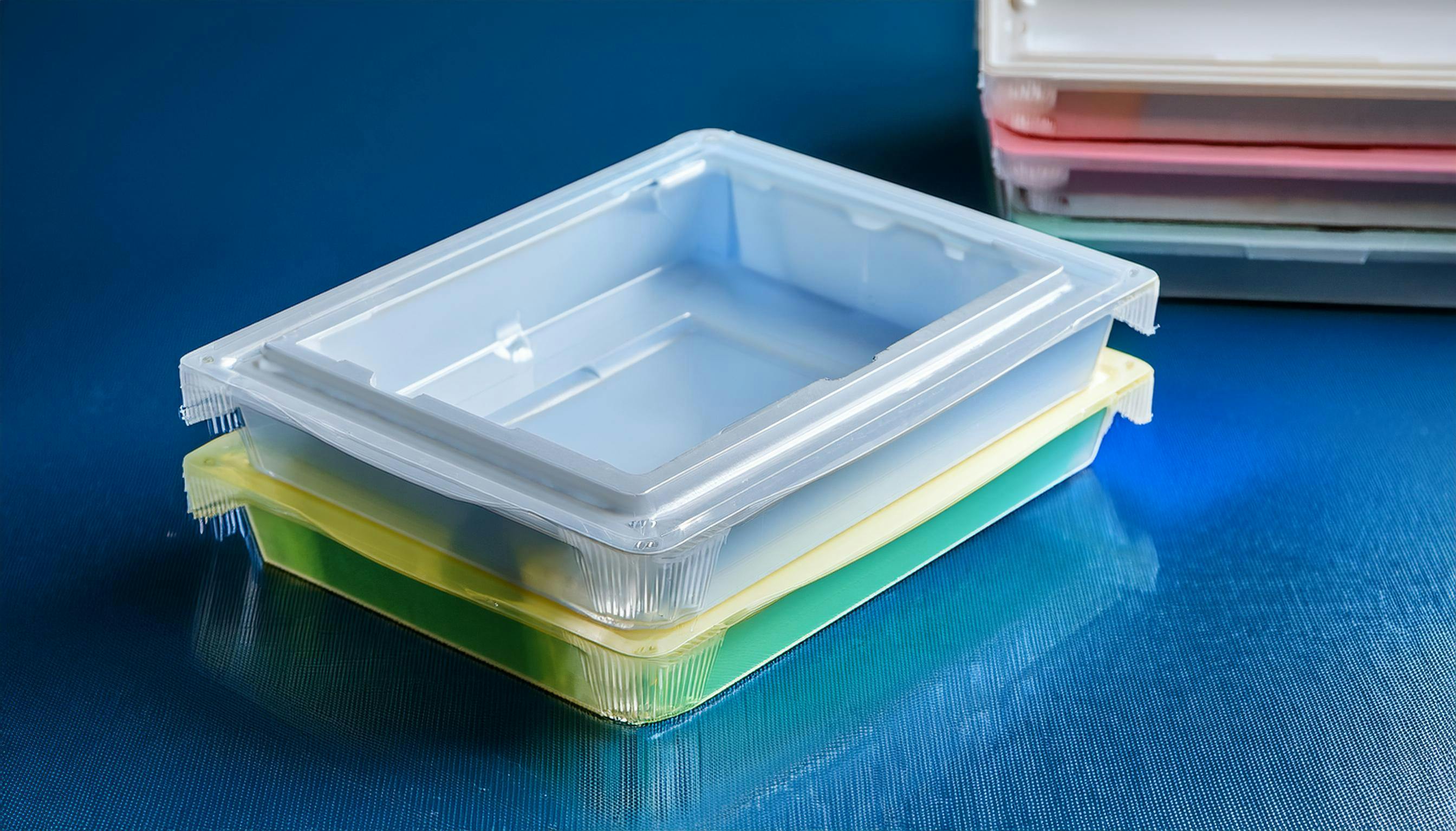 Folder plastic containers on a blue table.