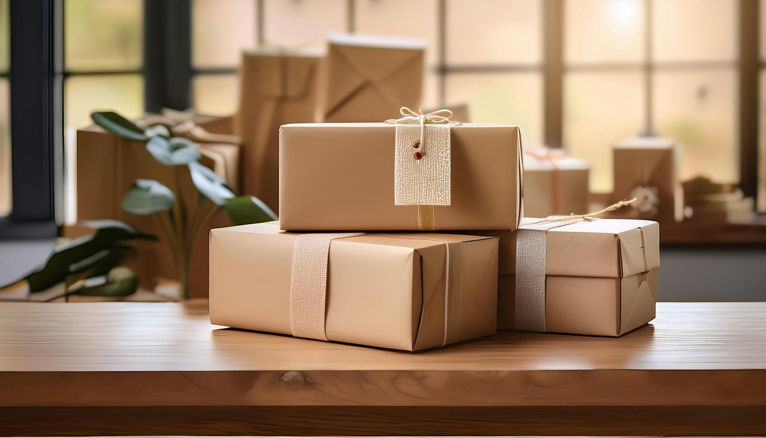 Custom mailers on a stack on a wooden table