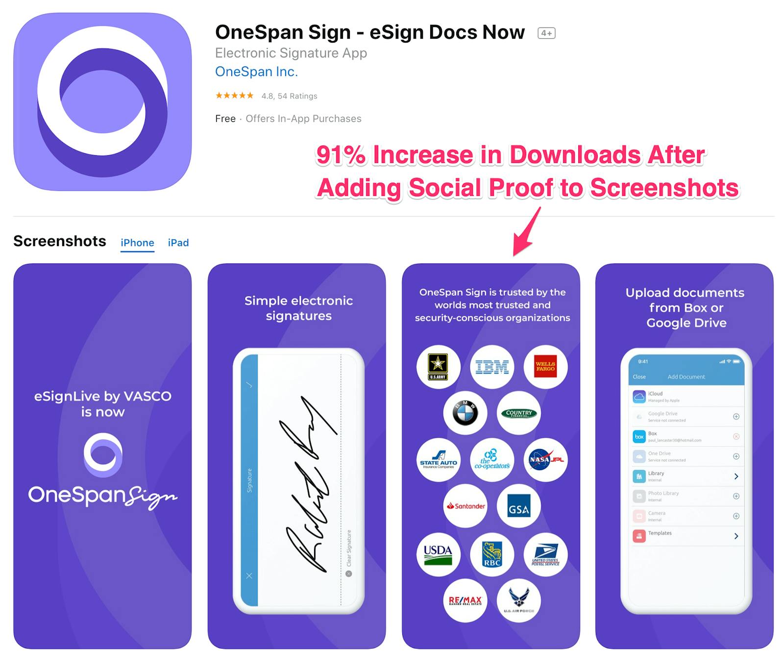 91% increase in downloads after adding social proof on screenshot