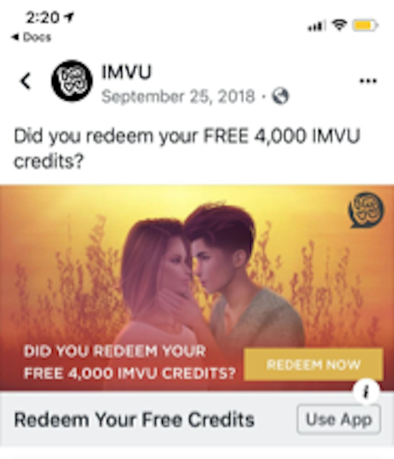 IMVU Facebook ad campaign 2
