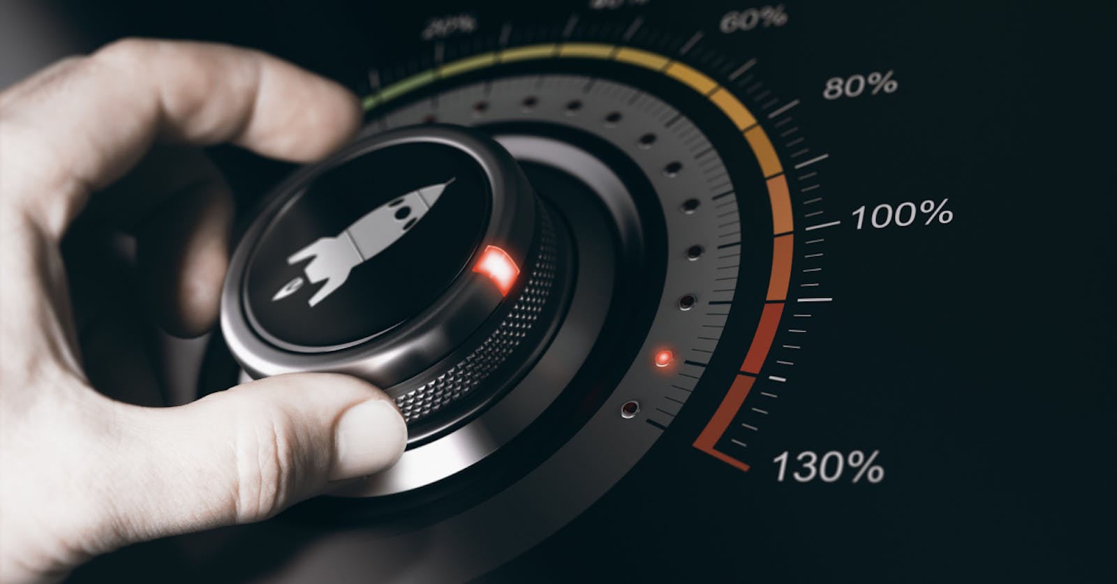 A hand turning a dial up past 100%, the dial has an icon of a space rocket on it