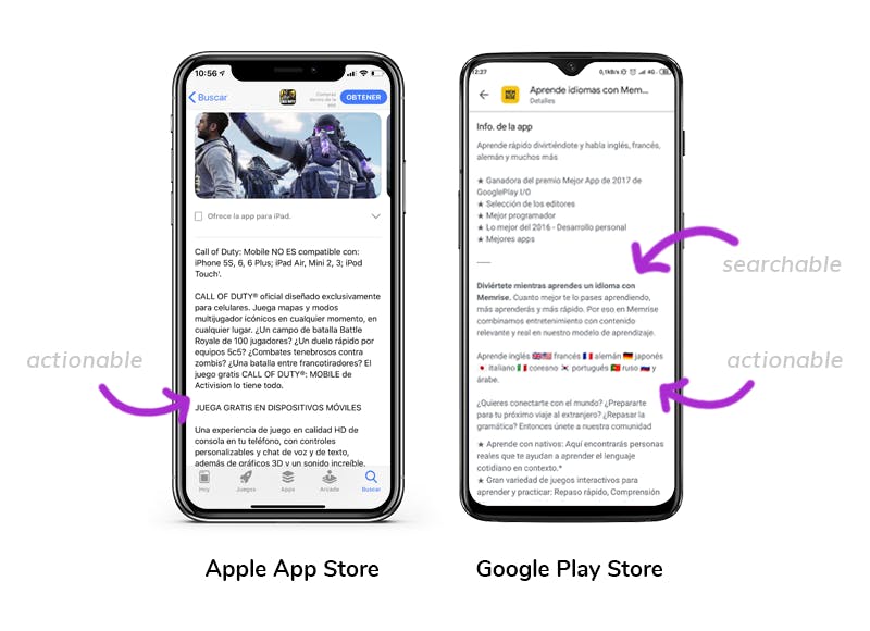 Call of Duty®: Mobile description field on App Store VS. Learn Languages with Memrise - Spanish, French… description field on Google Play
