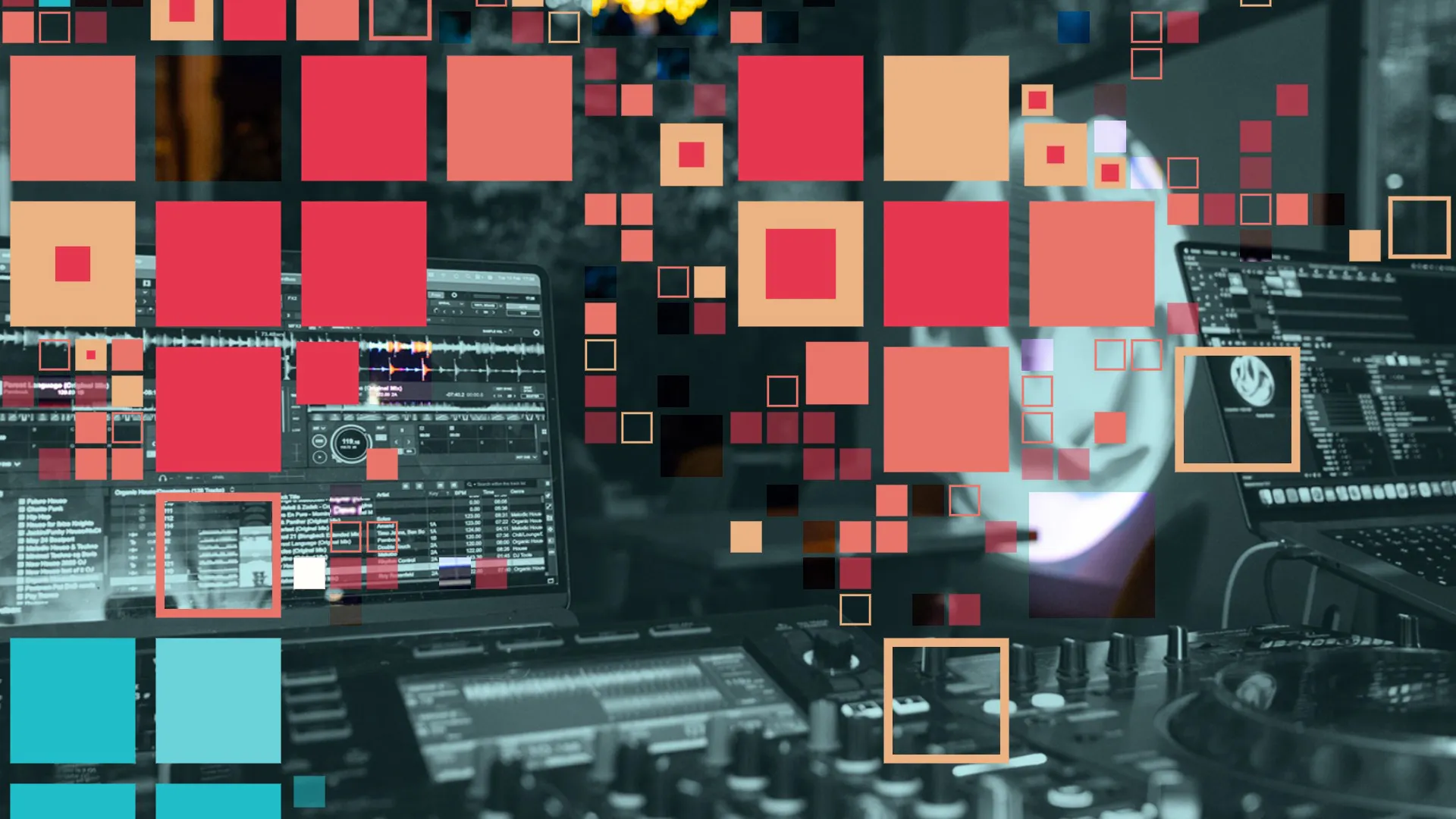 The lead promotional image for the audio visual meet-up overlayed with a unique generative design seeded by the number 6.