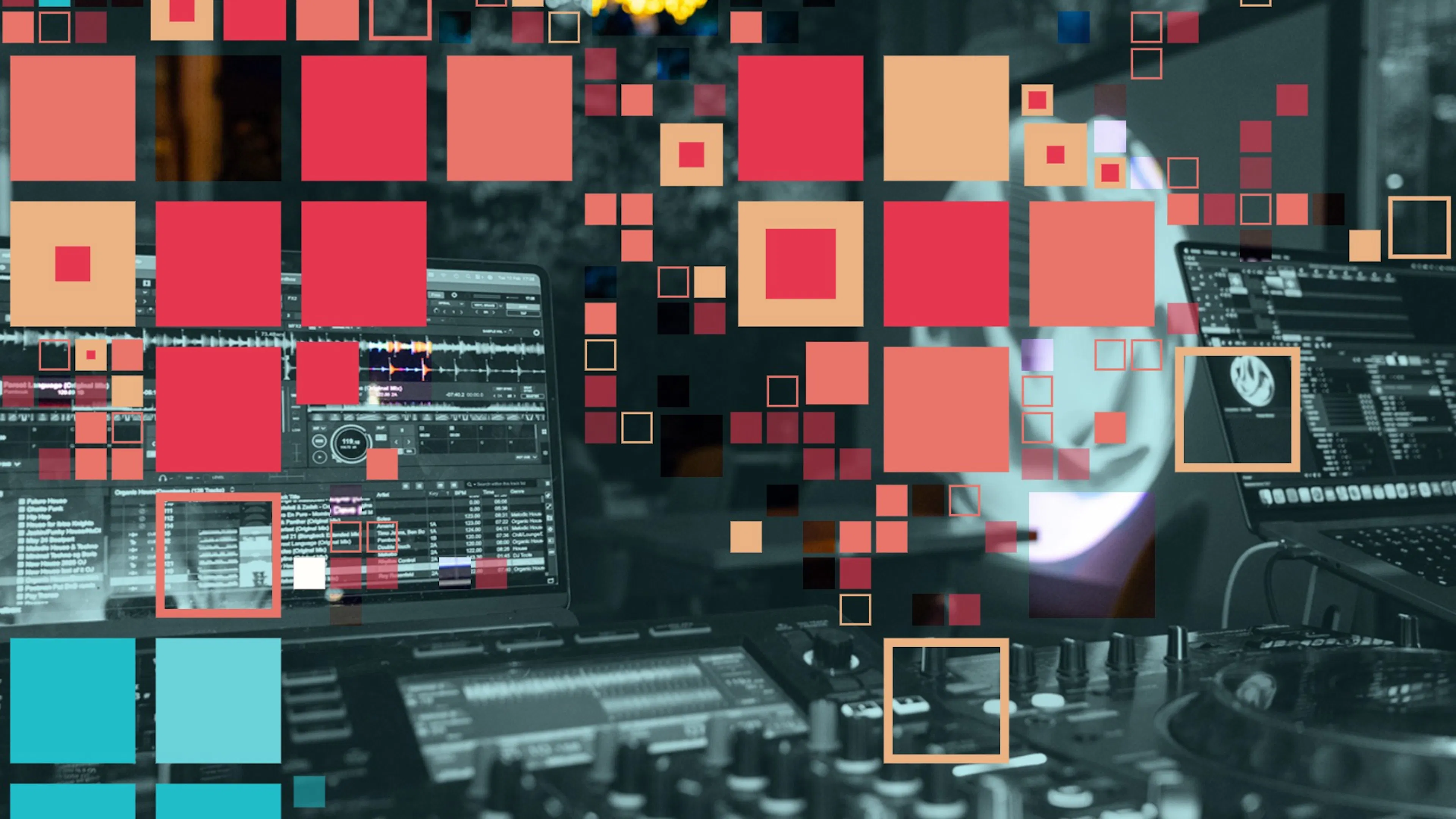The lead promotional image for the audio visual meet-up overlayed with a unique generative design seeded by the number 6.