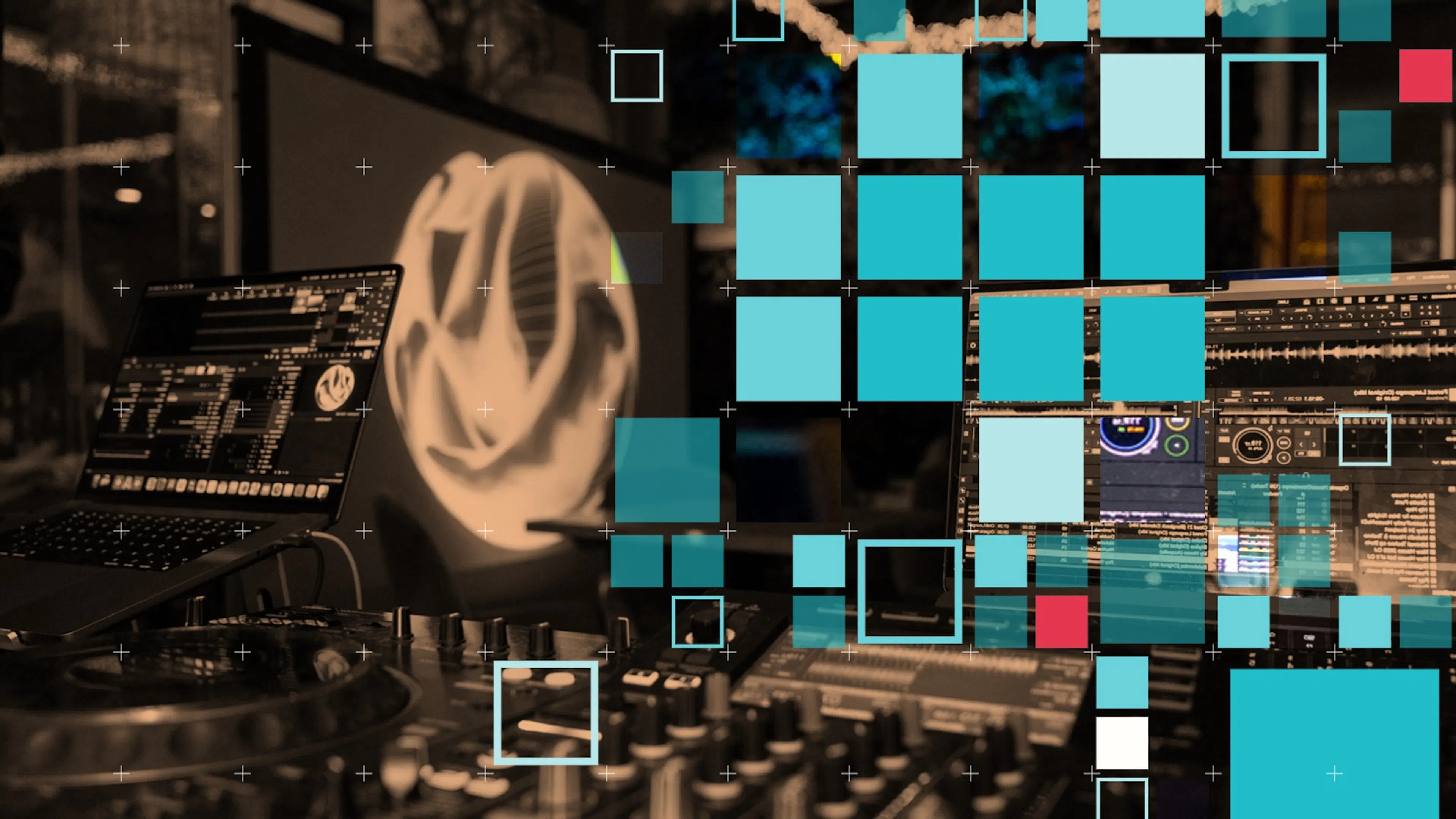 The lead promotional image for the audio visual meet-up overlayed with a unique generative design seeded by the number 9.