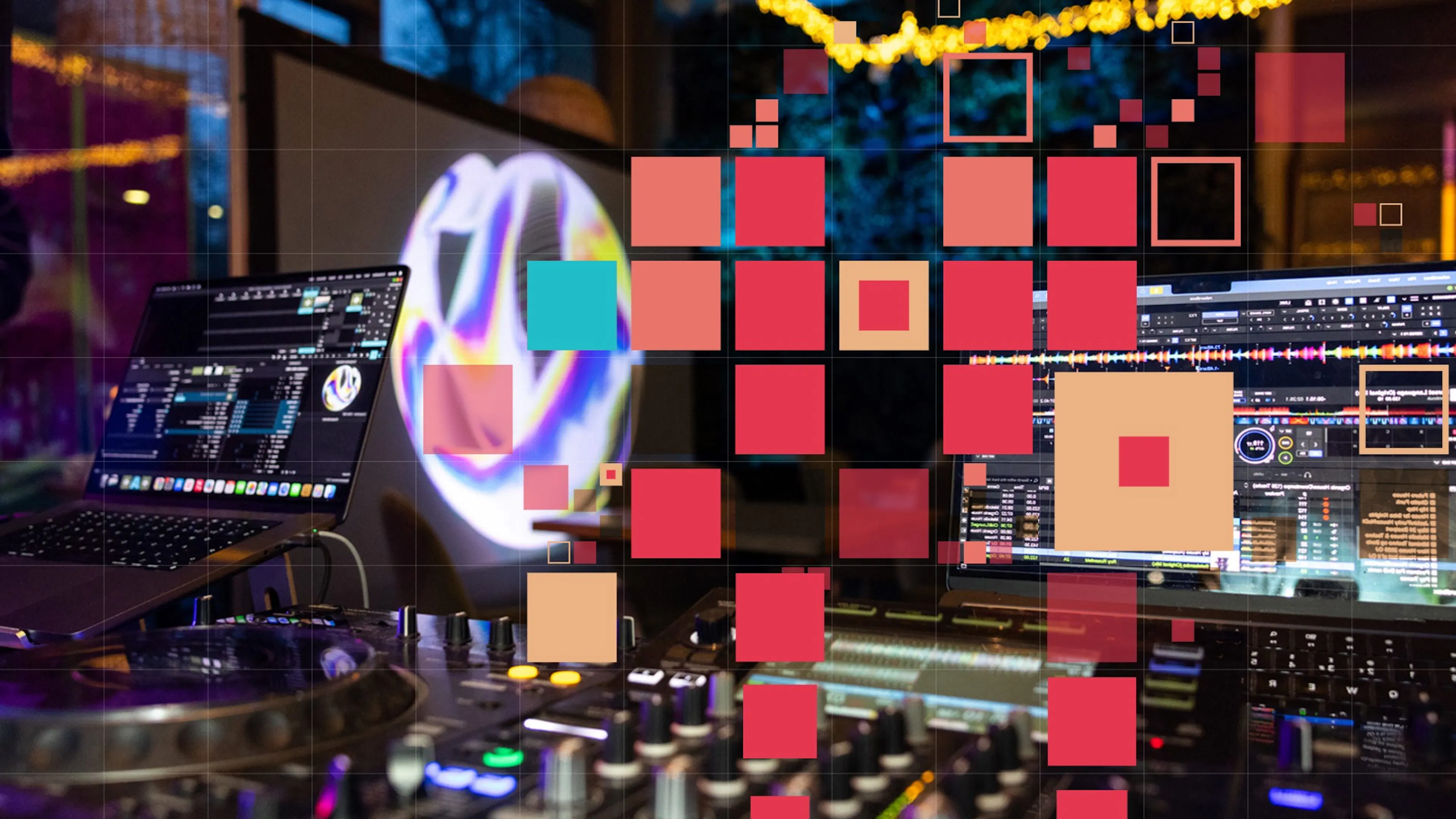 The lead promotional image for the audio visual meet-up overlayed with a unique generative design seeded by the number 7.