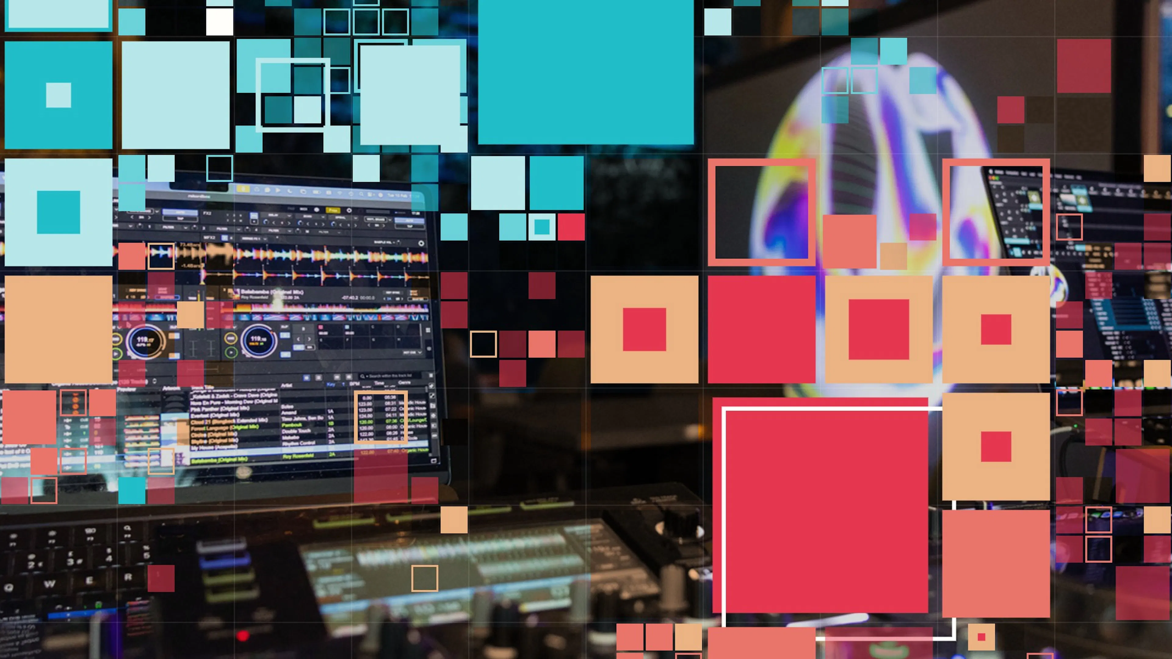 The lead promotional image for the audio visual meet-up overlayed with a unique generative design seeded by the number 10.