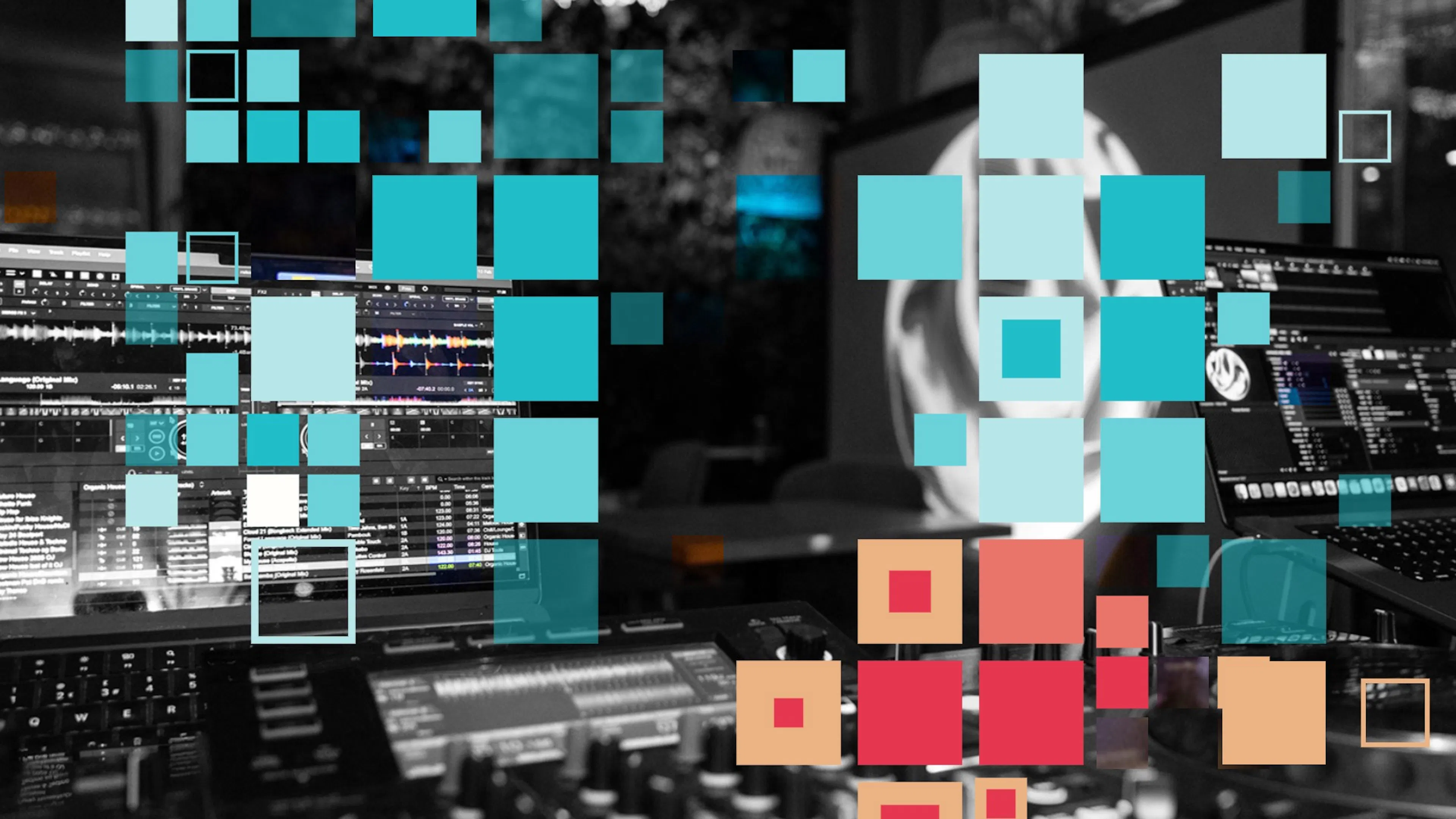 The lead promotional image for the audio visual meet-up overlayed with a unique generative design seeded by the number 2.