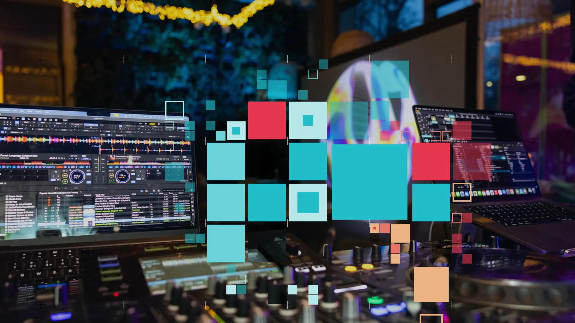 The lead promotional image for the audio visual meet-up overlayed with a unique generative design seeded by the number 4.