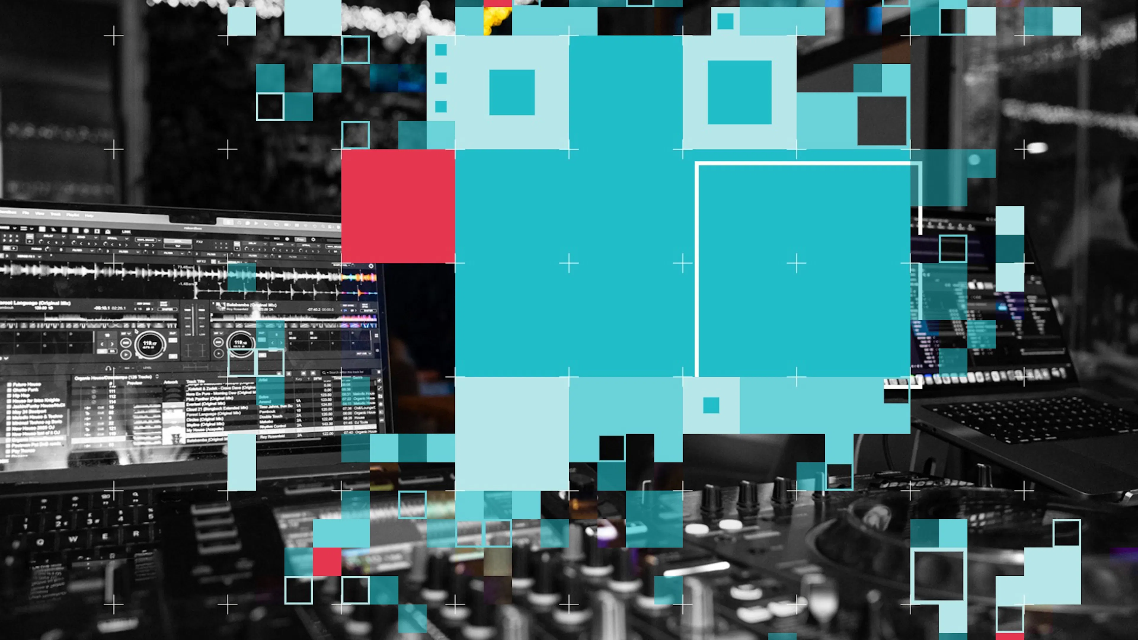 The lead promotional image for the audio visual meet-up overlayed with a unique generative design seeded by the number 5.