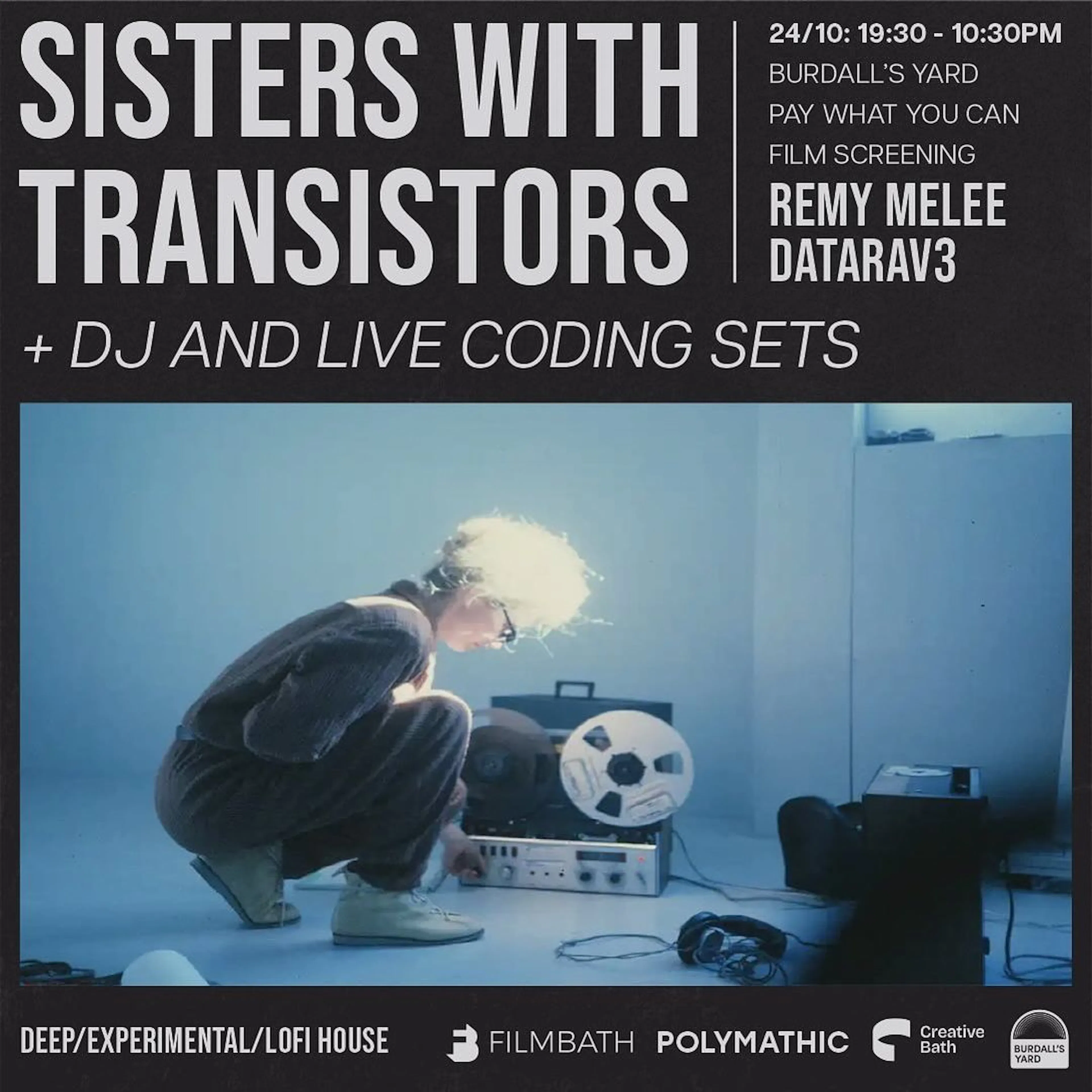 The social media flyer for the Sisters with Transistors event. It uses the lead image with all of the venue details and timings. 