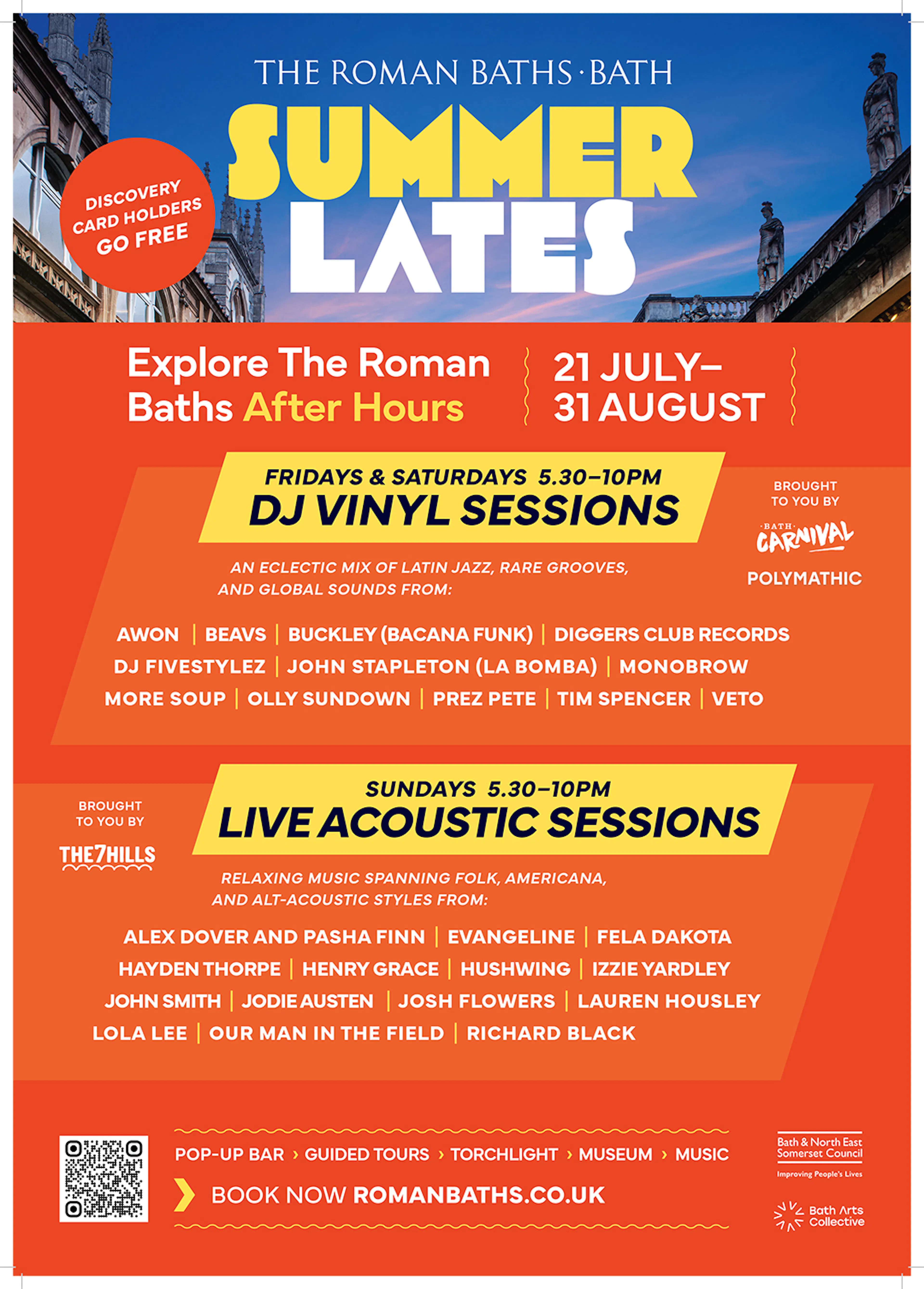 The line-up poster for Summer Lates 2025 at The Roman Baths. 