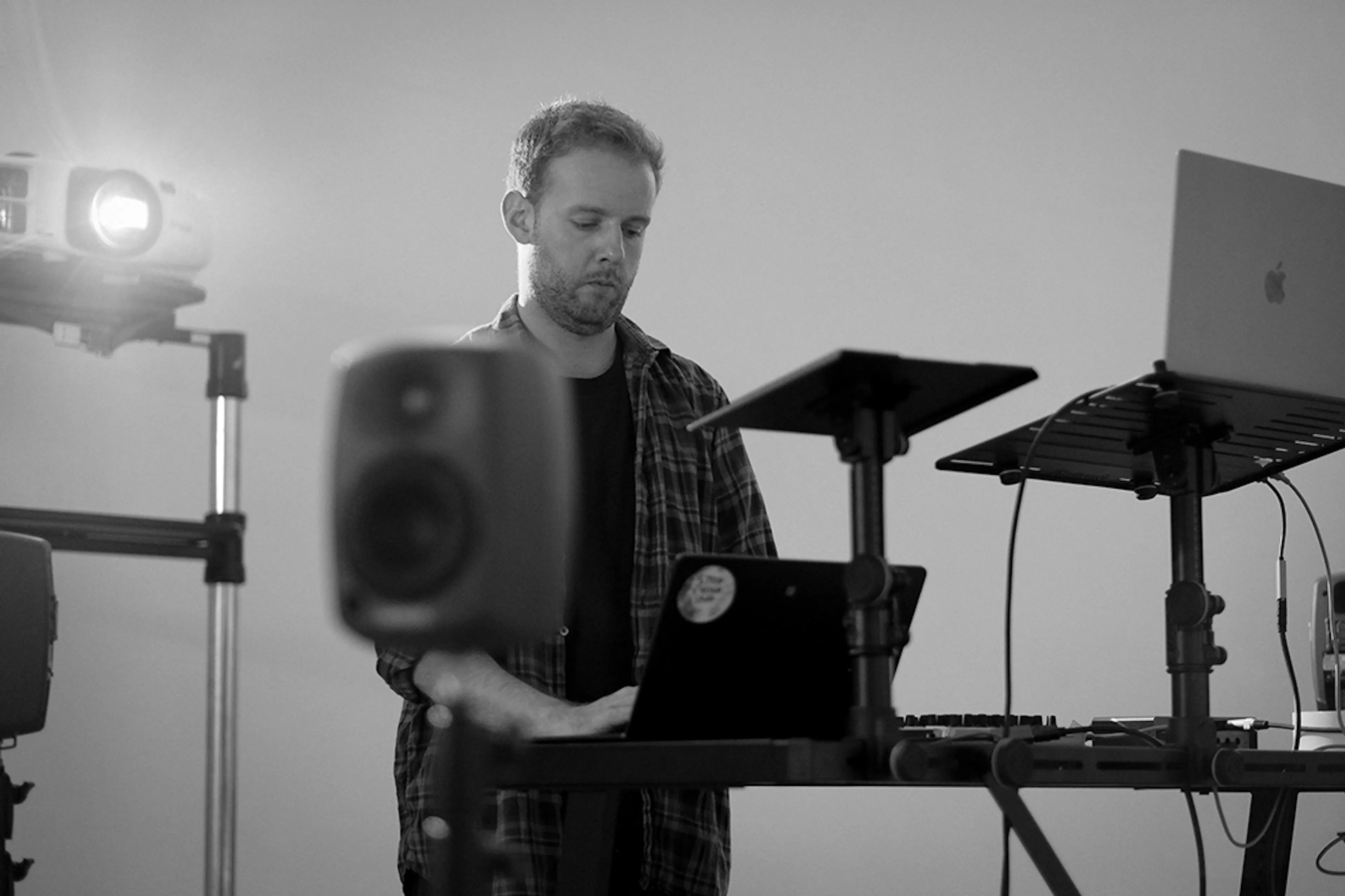 Nigel Fryatt during setup. Black and white. 