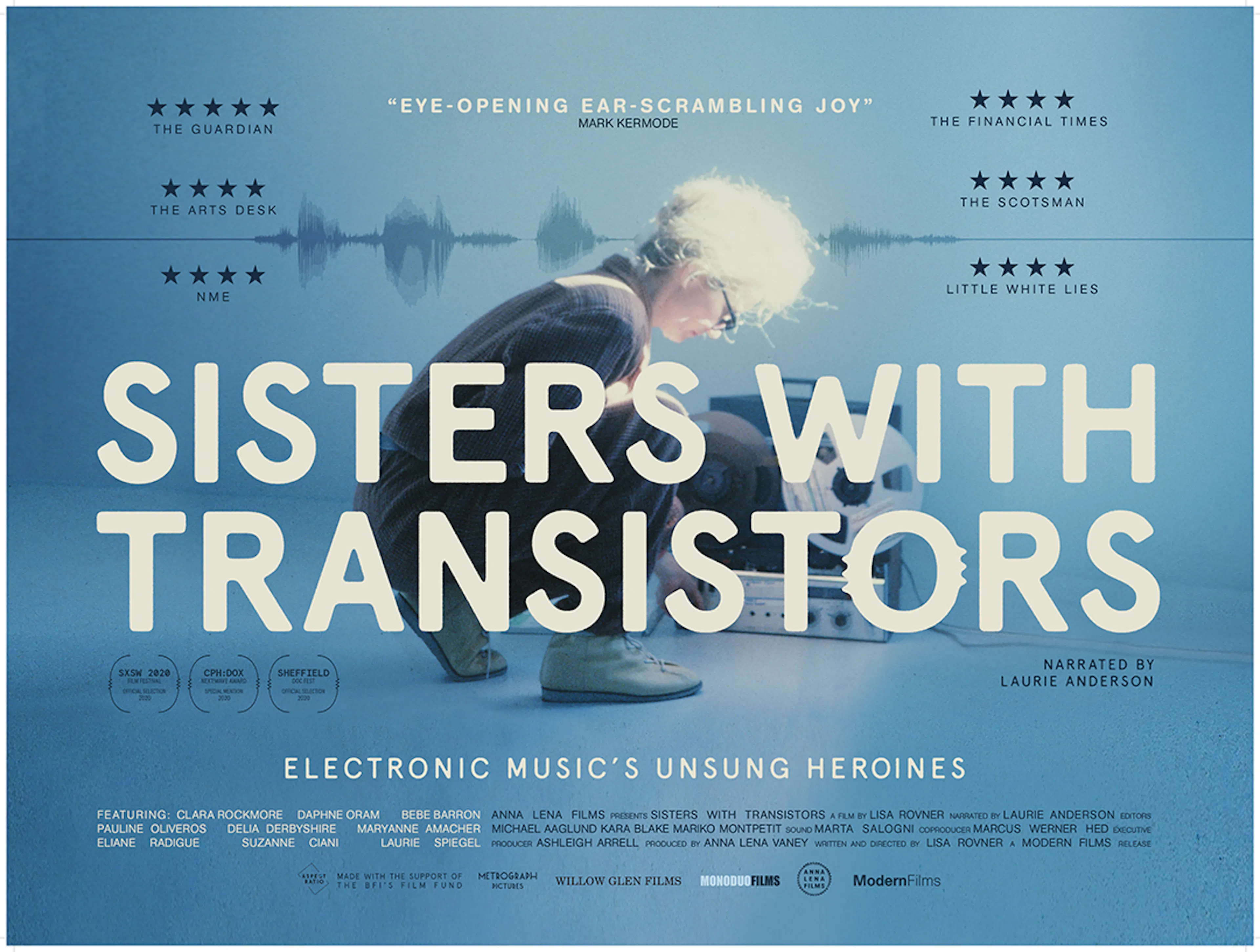 The official promotional image for Sisters with Transistors. Featuring reviews overlaid on top. 