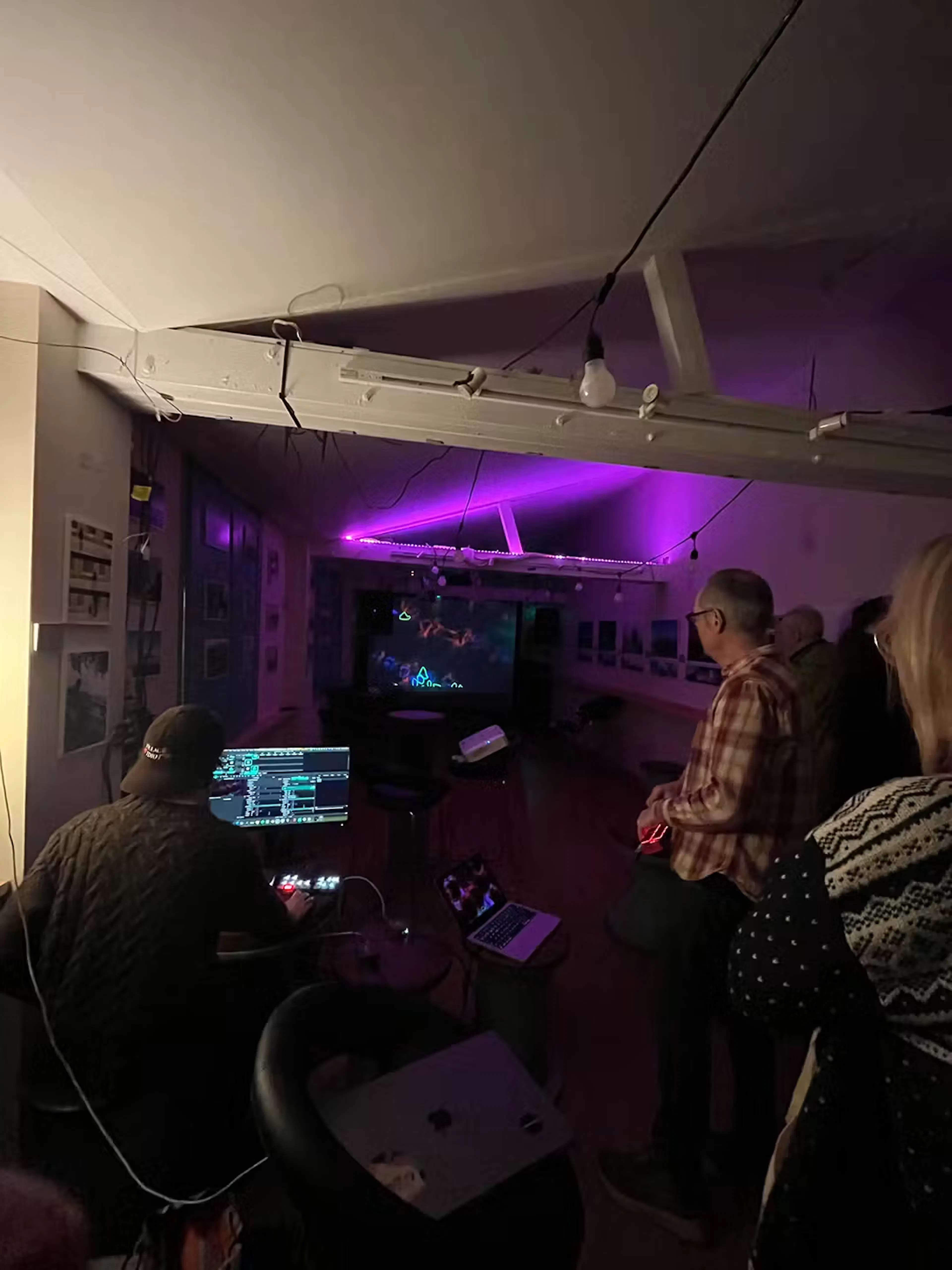 A wide shot of audience members at the audio visual meet up looking at a projection.