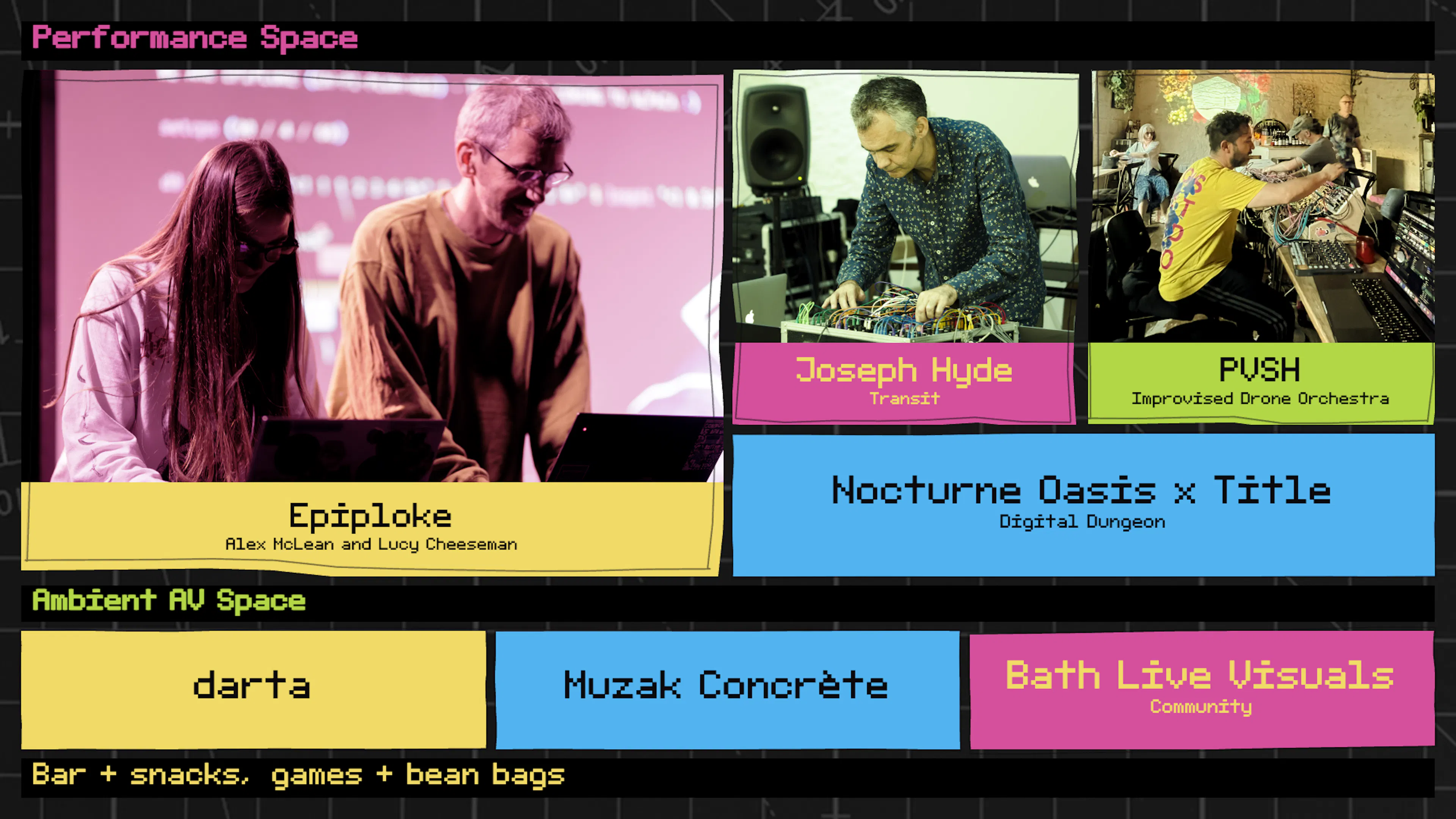The landscape promotional image for this event. Featuring the line-up across the two spaces. 