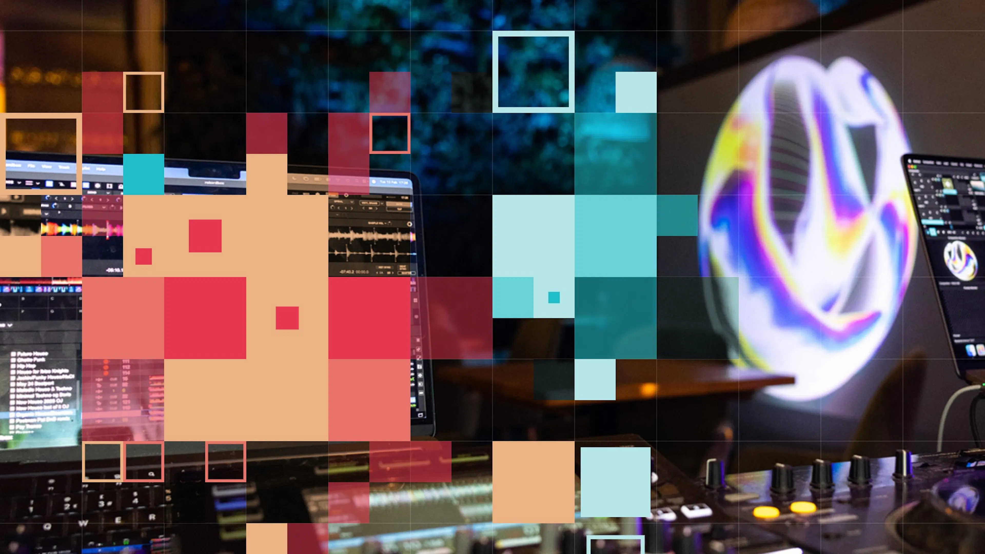 The lead promotional image for the audio visual meet-up overlayed with a unique generative design seeded by the number 1.