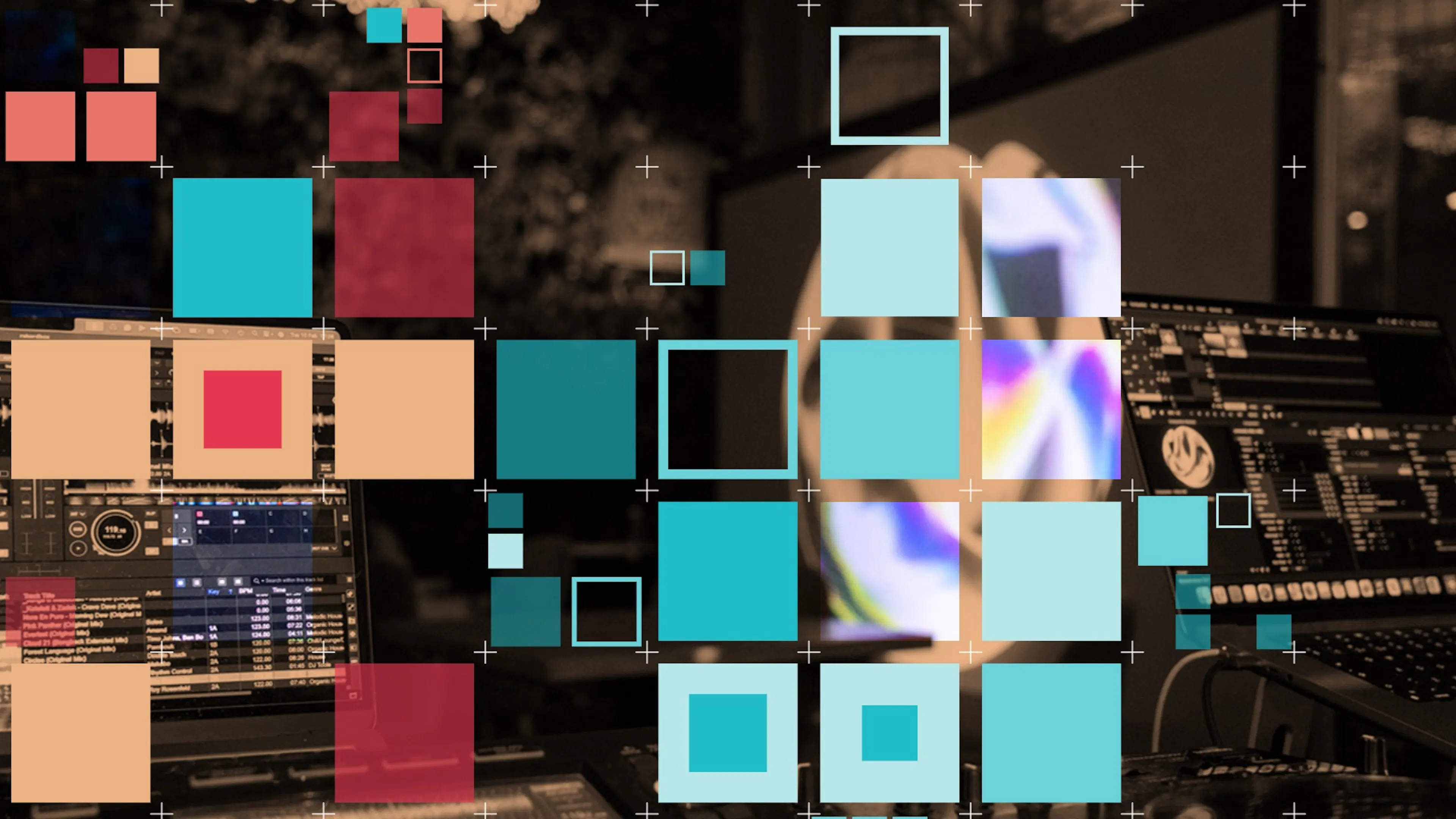 The lead promotional image for the audio visual meet-up overlayed with a unique generative design seeded by the number 8.