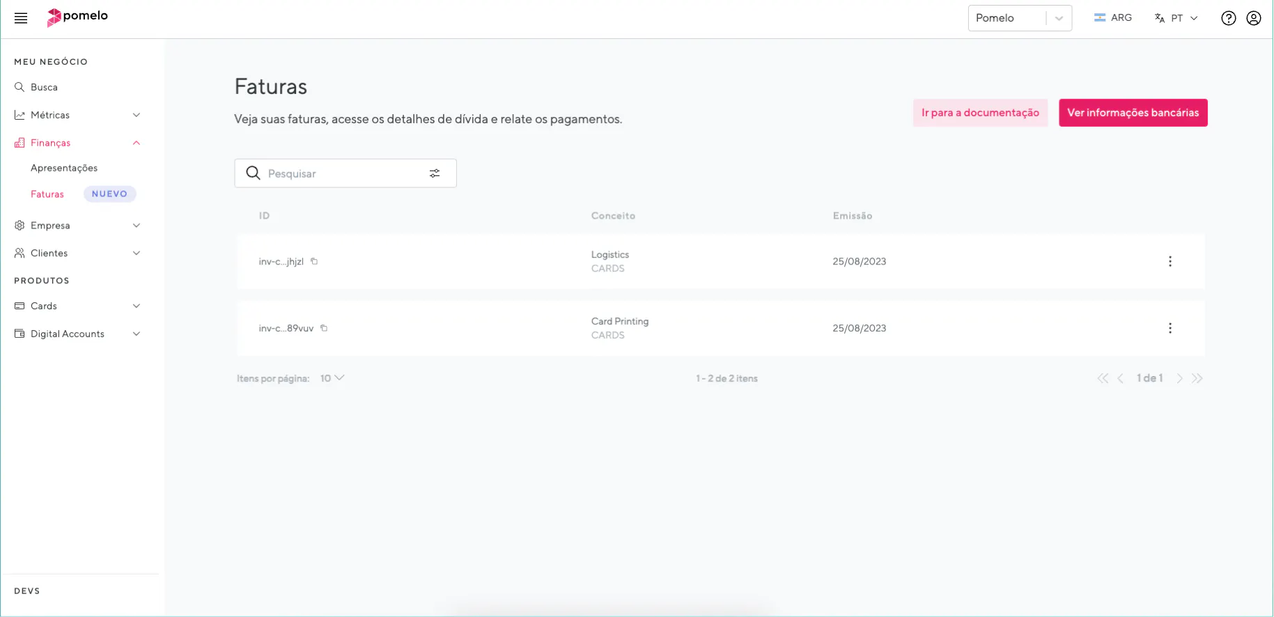 Seção Faturas no Dashboard da Pomelo