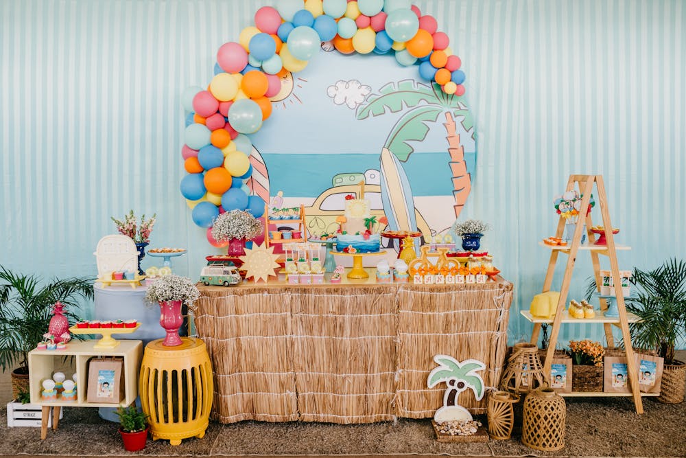 Pretty balloon arch decoration for food table to have in a party for children