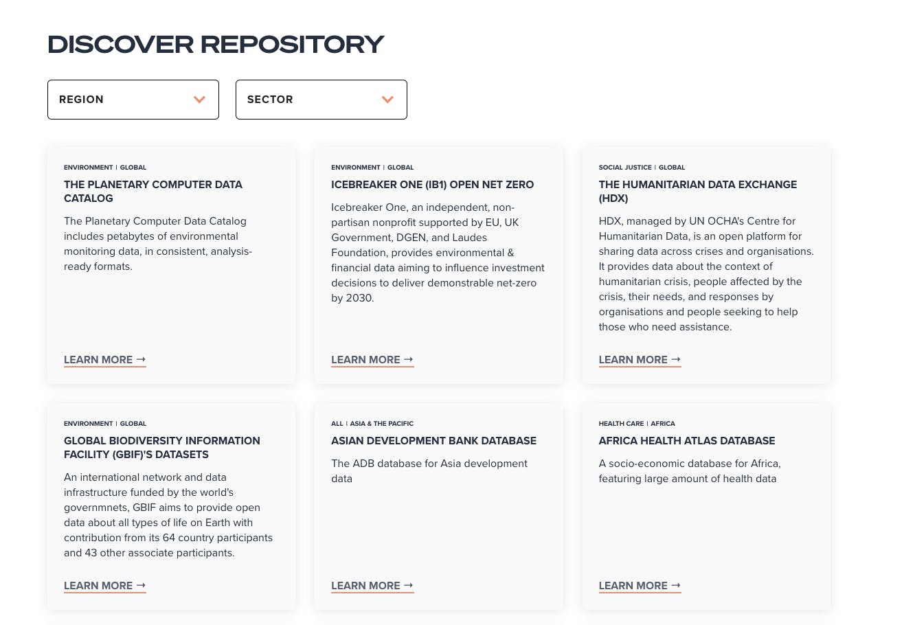 Screenshot of the repository section of the Data to Policy Navigator website 